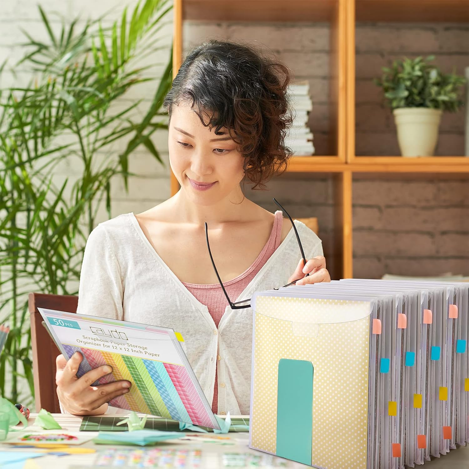 Caydo 50 Pieces Scrapbook Paper Storage with Buckle Design, Clear Scrapbook Paper Organizer with 120 Pieces Sticky Index Tabs for 12X12 Scrapbook Paper, Vinyl Paper, Photos (SC-022S) image number 1