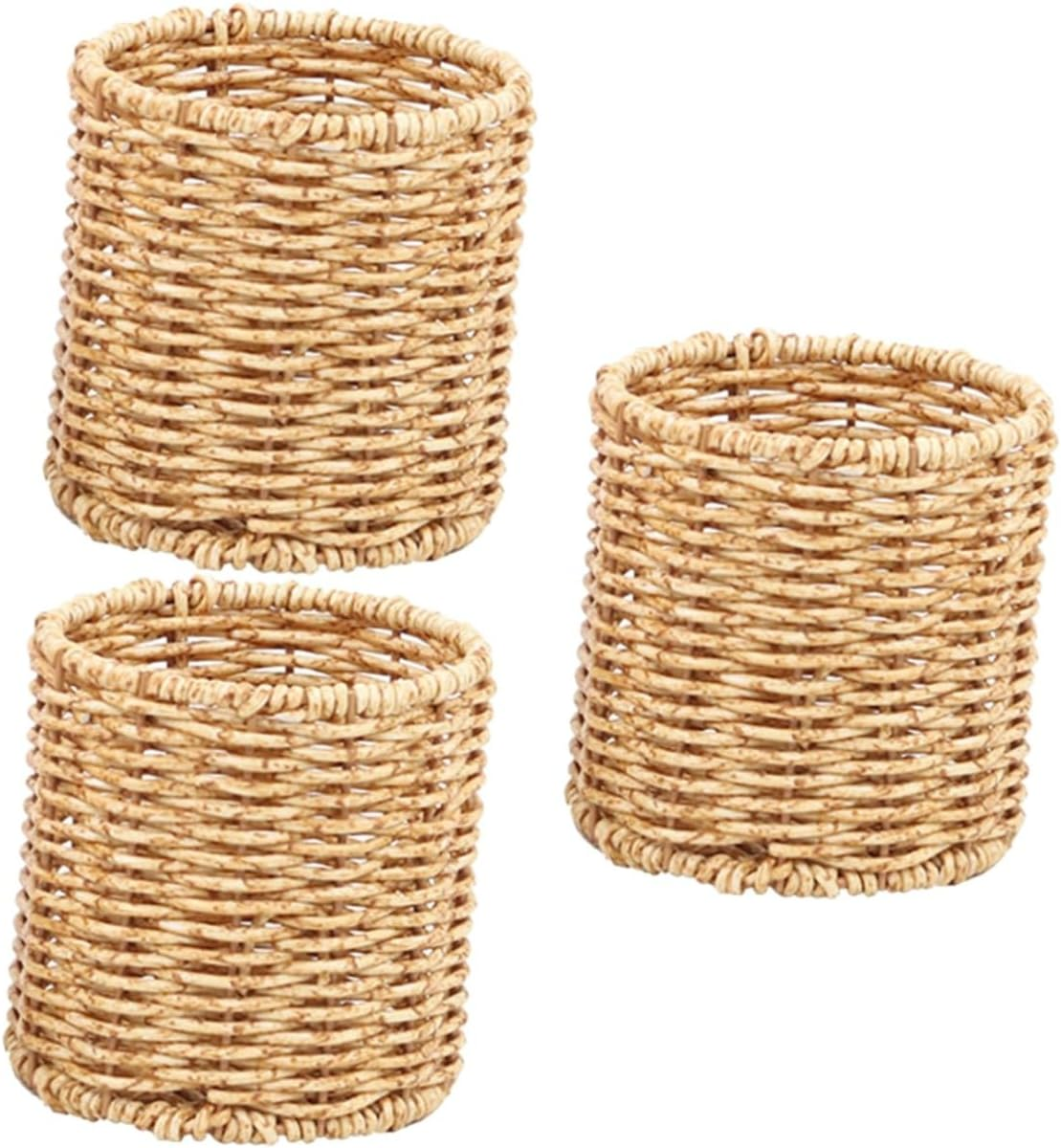 STOBOK 3Pcs round Pen Pot Imitation Rattan Pencil Holder for Desk Stylish Gel Pen Container Cute Pencil Pot for Home Office Use image number 6