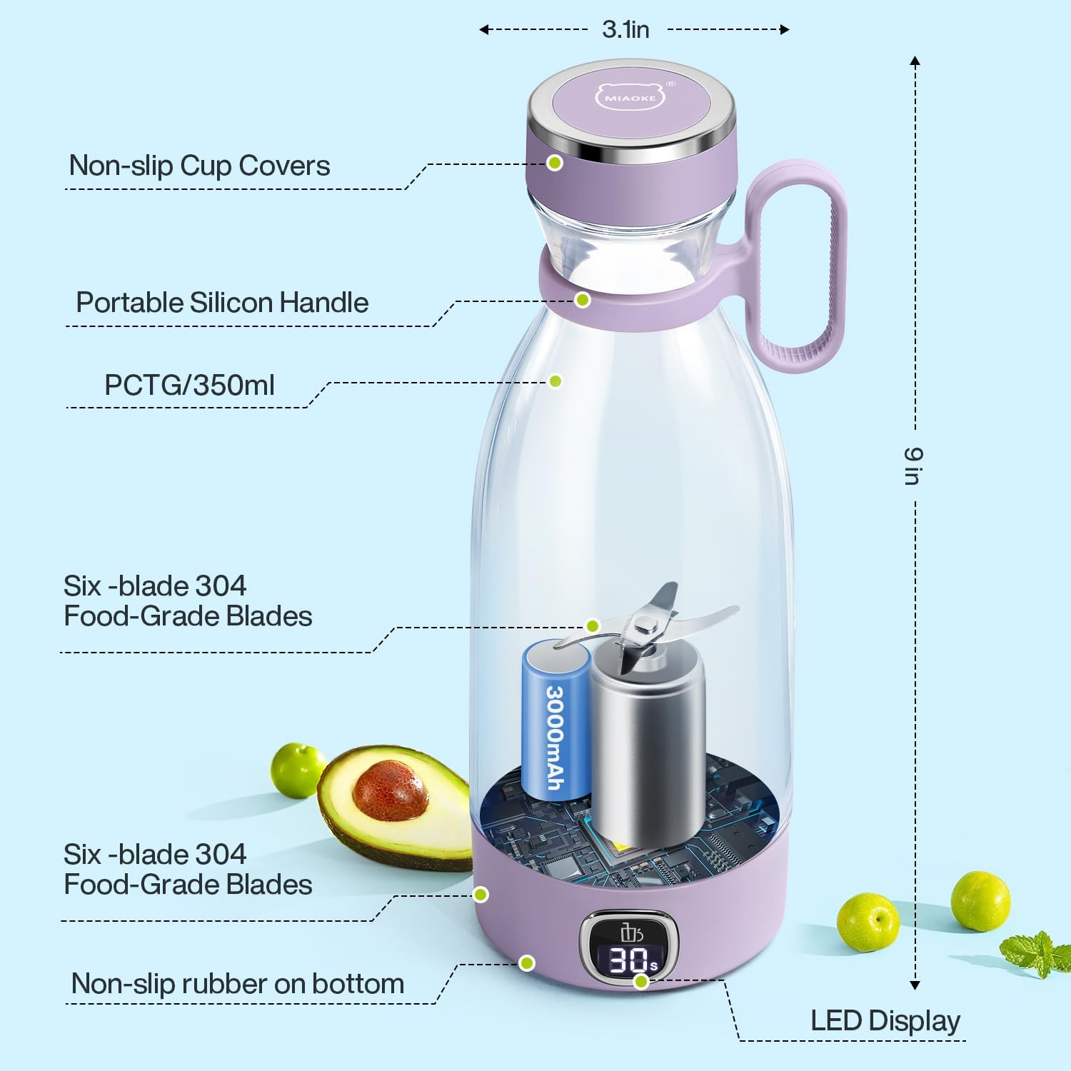 Portable Blender, MIAOKE 6 Blades Juicer Cup for Juice Shakes and Smoothies 350Ml Mini Blender with Led Display Usb Rechargeable,3000Mah Rechargeable Battery, for Home Sports Outdoors Travel-Prple image number 6