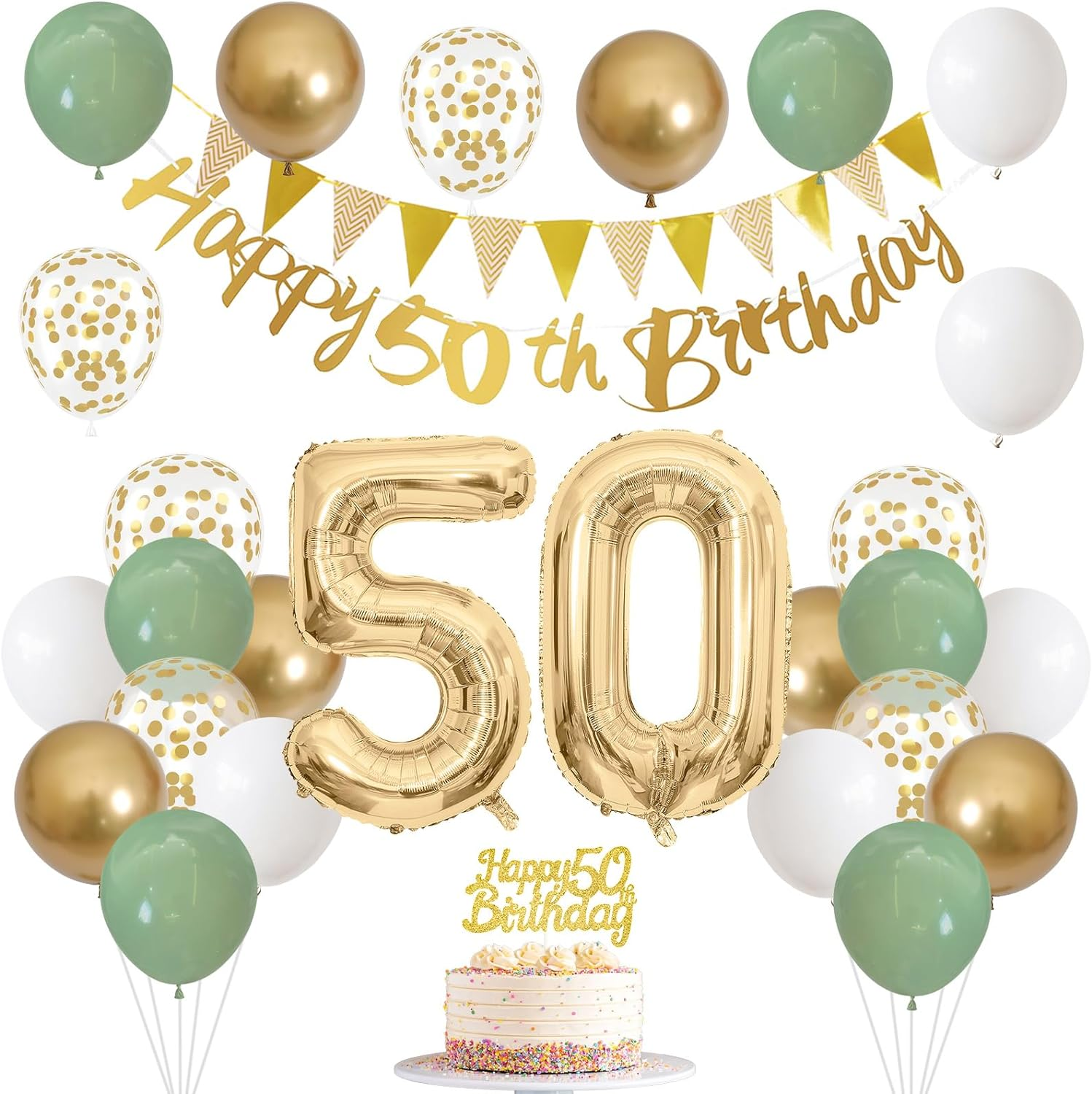 Sage Green 50Th Birthday Decoration with Banner, Garland, Number 50 Balloons, Cake Decoration, Gold Party Balloons for 50 Years Celebration - 18Th Green Gold image number 5