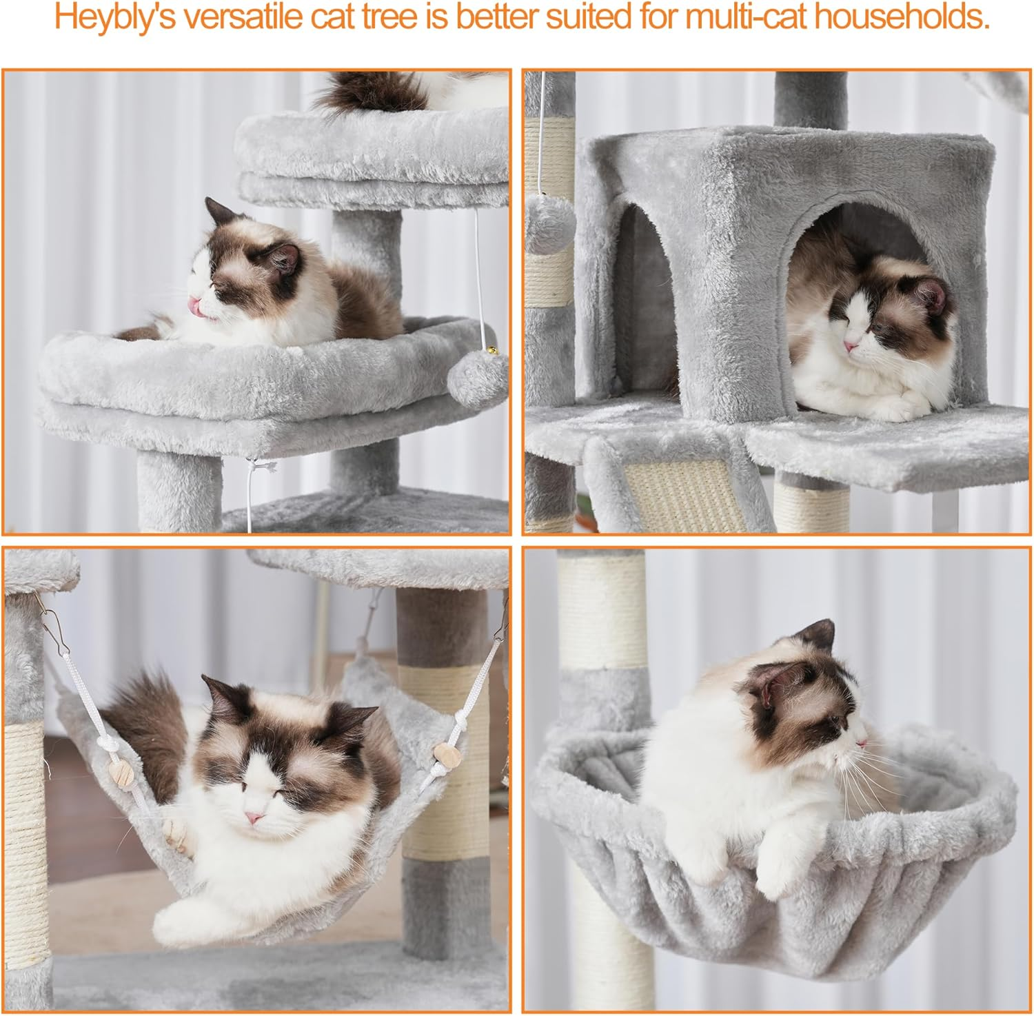 Heybly Cat Tree，71-Inch Tall Tower for Indoor Cats with 2 Perches, 2 Big Condos, 2 Hammocks, Basket, Scratching Pad，Large Cat Furniture and Condo, Light Gray HCT034W image number 3