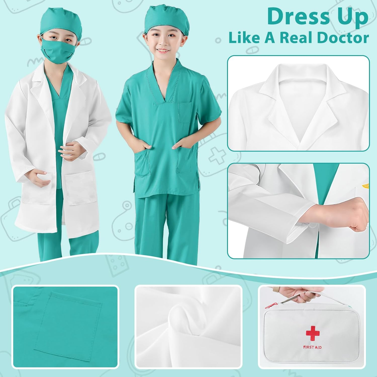 Kids Doctors Outfit,Kids Dress up Costumes,Child Role Play Costumes Unisex,Doctor Fancy Dress Costume,Doctor and Nurse Costume for World Book Day Halloween Cosplay Party (Blue, 120) image number 5