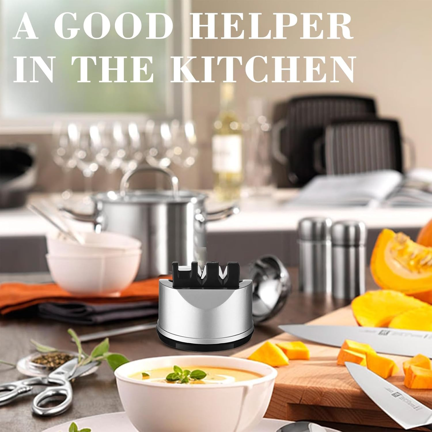 Multifunctional Knife Sharpener, 3-In-1 Manual Knife Sharpener, Knife Sharpener with Suction Cup, Stable and Safe, Professional Knife Sharpener for Scissors and All Types of Kitchen Knives image number 5