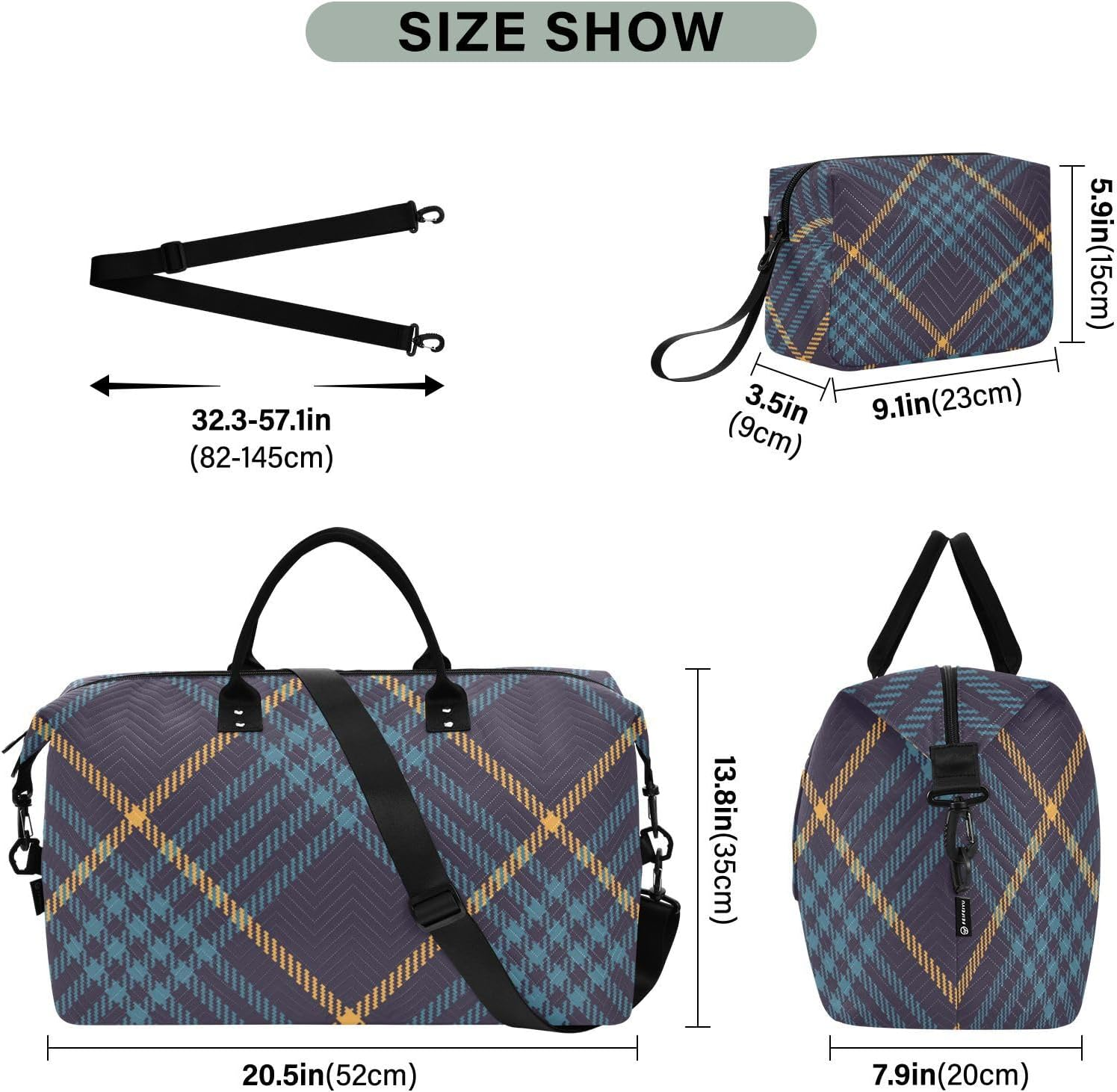 Luggage Travel Bag Carry on Personal Item Bag Navy Blue Yellow Buffalo Plaid Tartan Check Scotland Gym Bag With, Navy Blue Yellow Buffalo Plaid Tartan Check Scotland, Set of 2, Art Deco image number 1