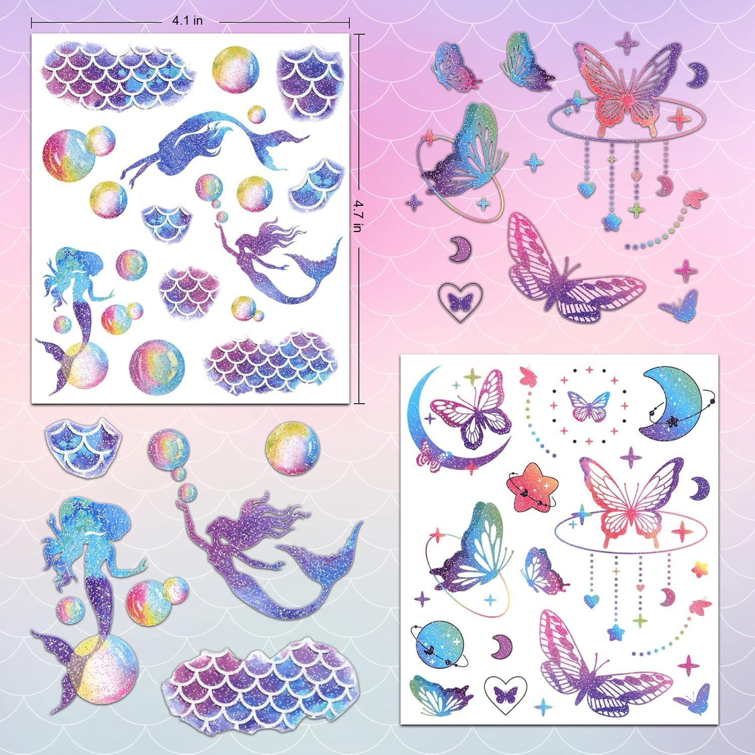 Chengruiy Glitter Temporary Tattoos for Girls, 12 Sheets of Mixed Butterfly, Fairy, Mermaid Tattoo Stickers for Kids, Waterproof Fake Tattoos for Birthday Party Favors and Supplies image number 4