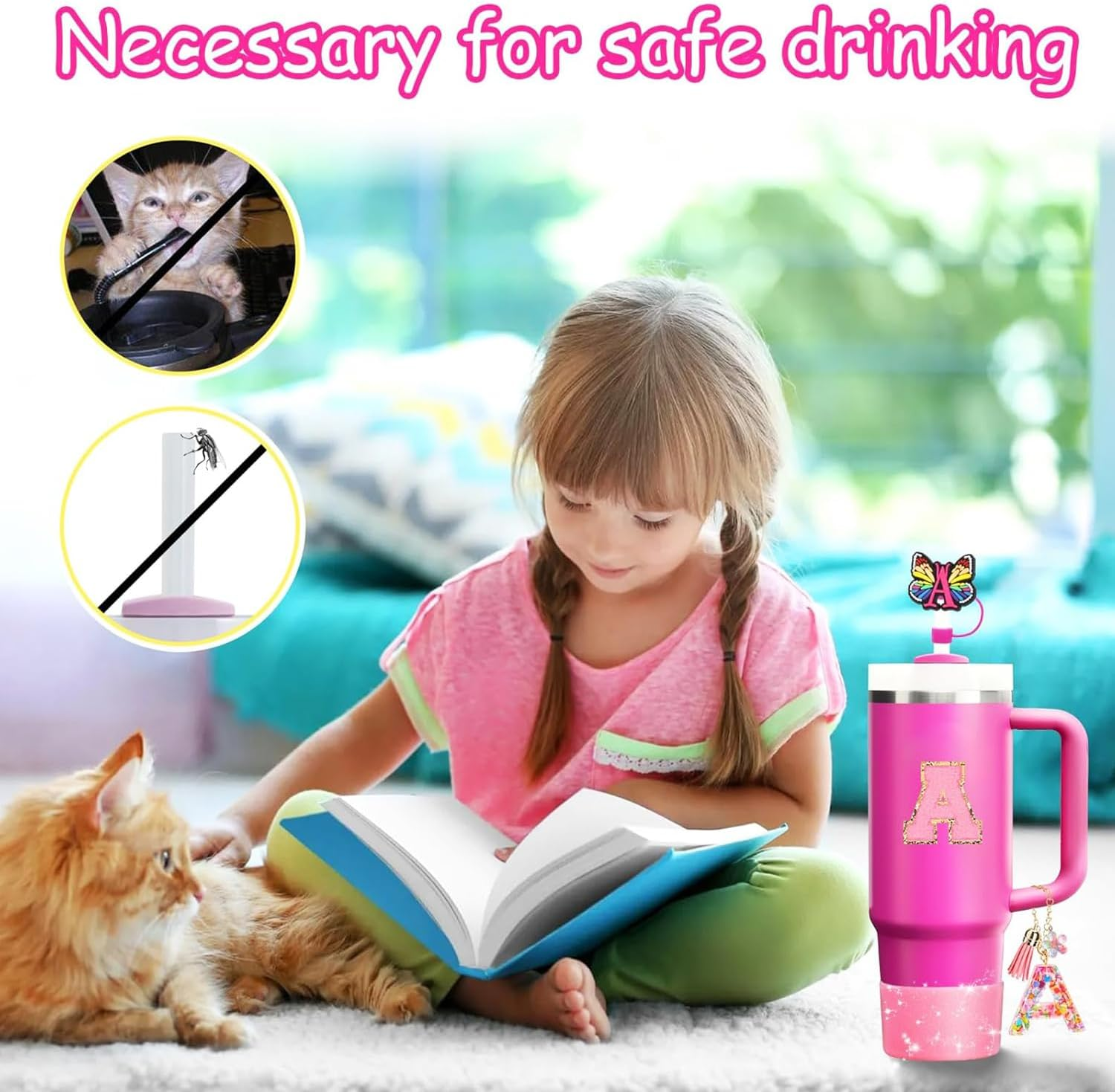 6PCS Cup Accessories Set for Stanley Cup 30Oz 40Oz,Tumbler Initials Decorations for Stanley,Including Silicone Straw Cover Cap and Boot,Spill Proof Stopper,Handle Charm,Sticker (Letter A) - Letter B image number 7