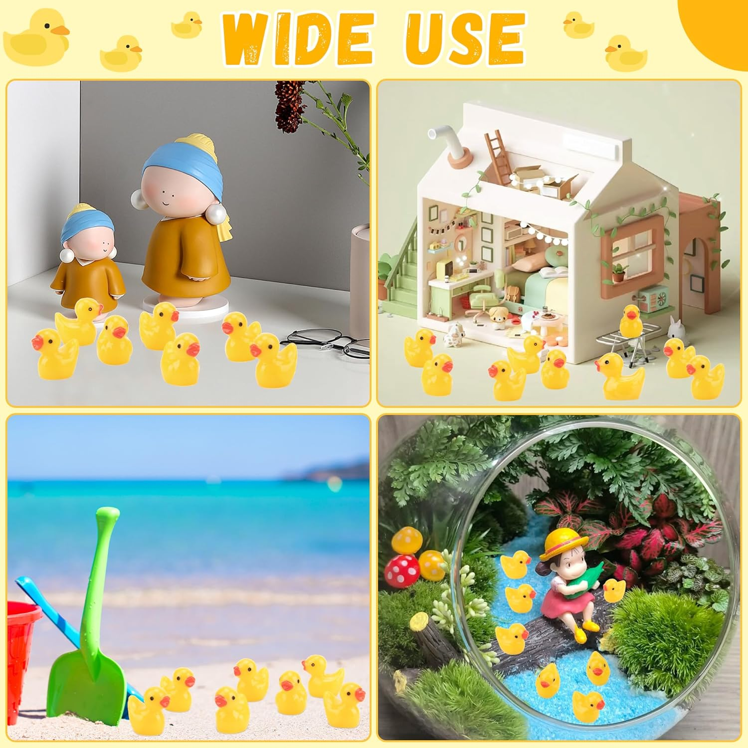 YUNAI Mini Resin Ducks 100 Pcs, Yellow Tiny Ducks with Jelly Glue, Mini Figurines in Bulk for Activity Little Ducks to Hide Prank Game Miniature Dollhouse Aquarium Potted Decorations DIY Craft Toys image number 4