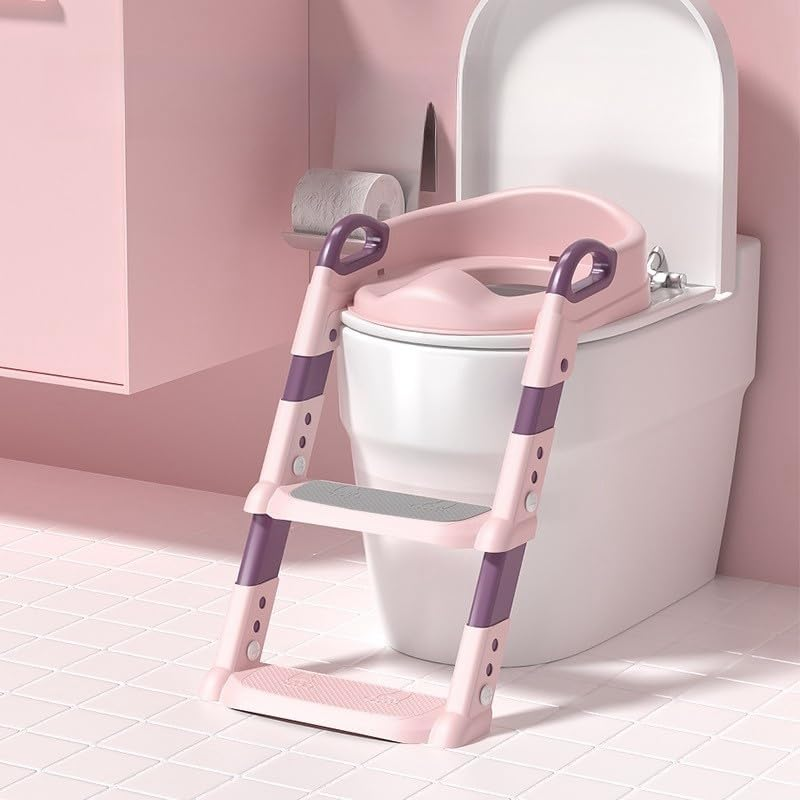 Potty Training Seat Potty Training Seat Come with Soft Seat, 5 Adjustable Height,Foldable with Handle and Splash Guard and Two Steps Ladder Seat（Pink）