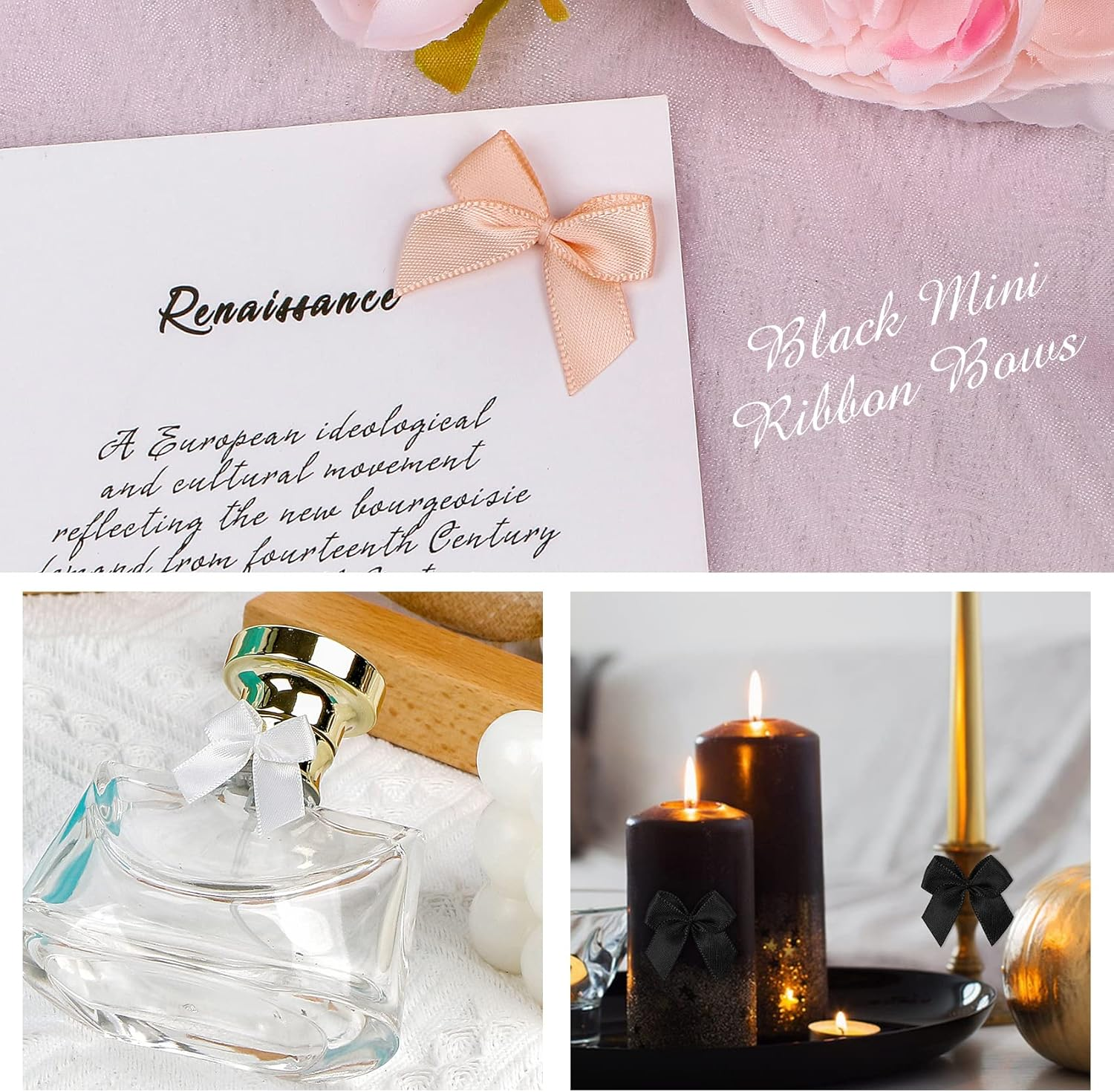 150 Pieces Mini Ribbon Bows for Crafts Black White Champagne Tiny Satin Bow for Gift Wrapping, Invitations, Christmas Tree - Black image number 4