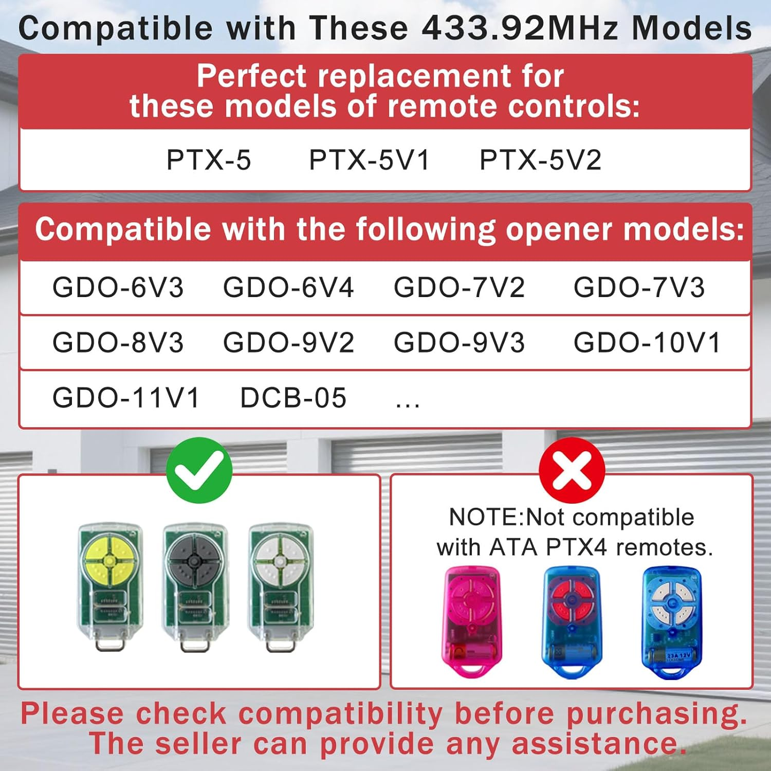 NLDZGA Remote Control Compatible with ATA PTX-5 PTX5V2 433.92Mhz Garage Door Remote Works for Garage Door Opener Model GDO 6V3/6V4/7V2/7V3/8V3/9V2/9V3/10V1-Red-2Pcs