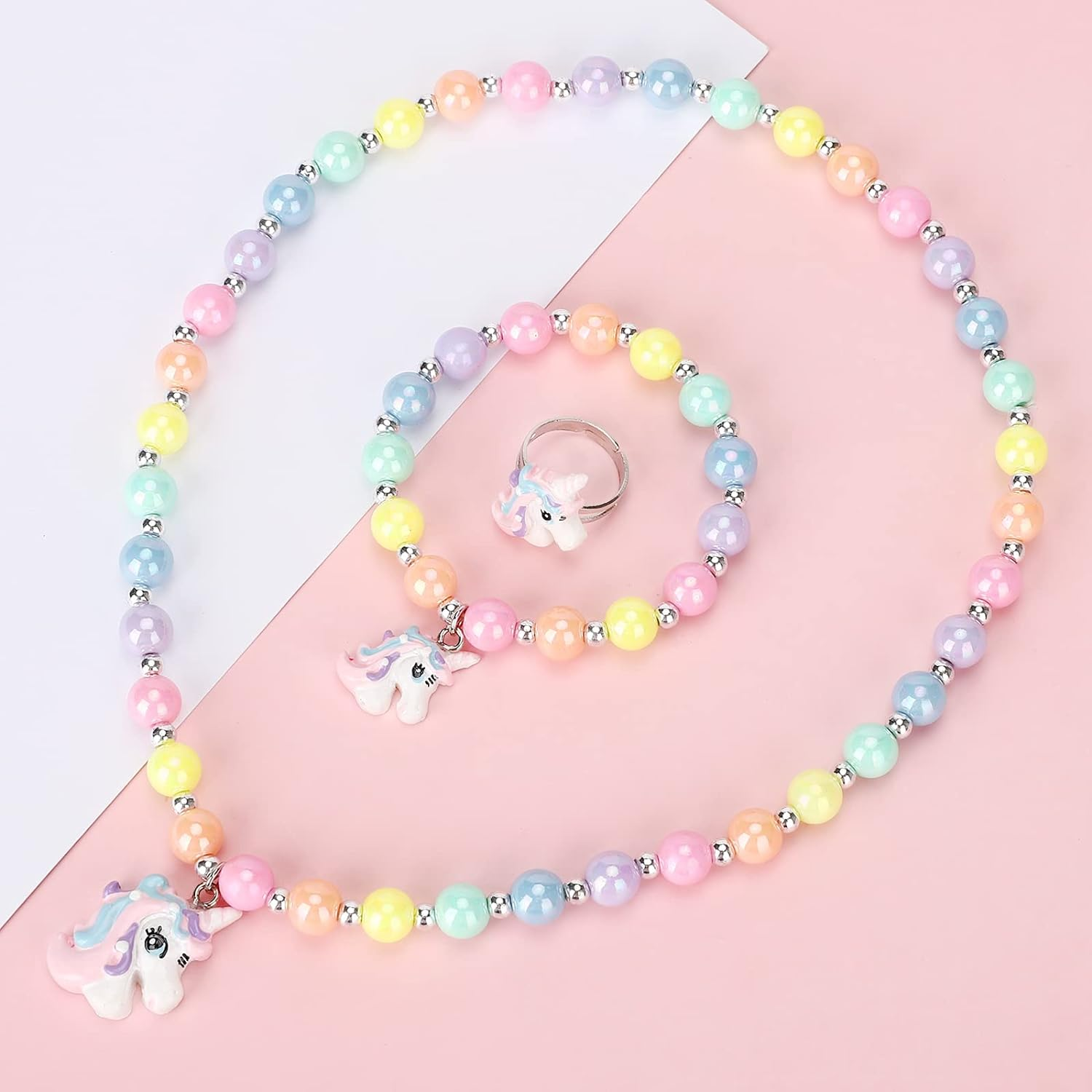 Unicorn Stretch Necklace Little Girl Toddler Necklace Bracelet Set, Little Princess Jewelry Accessories Favors Bags for Girls (2), Plastic Resin image number 1
