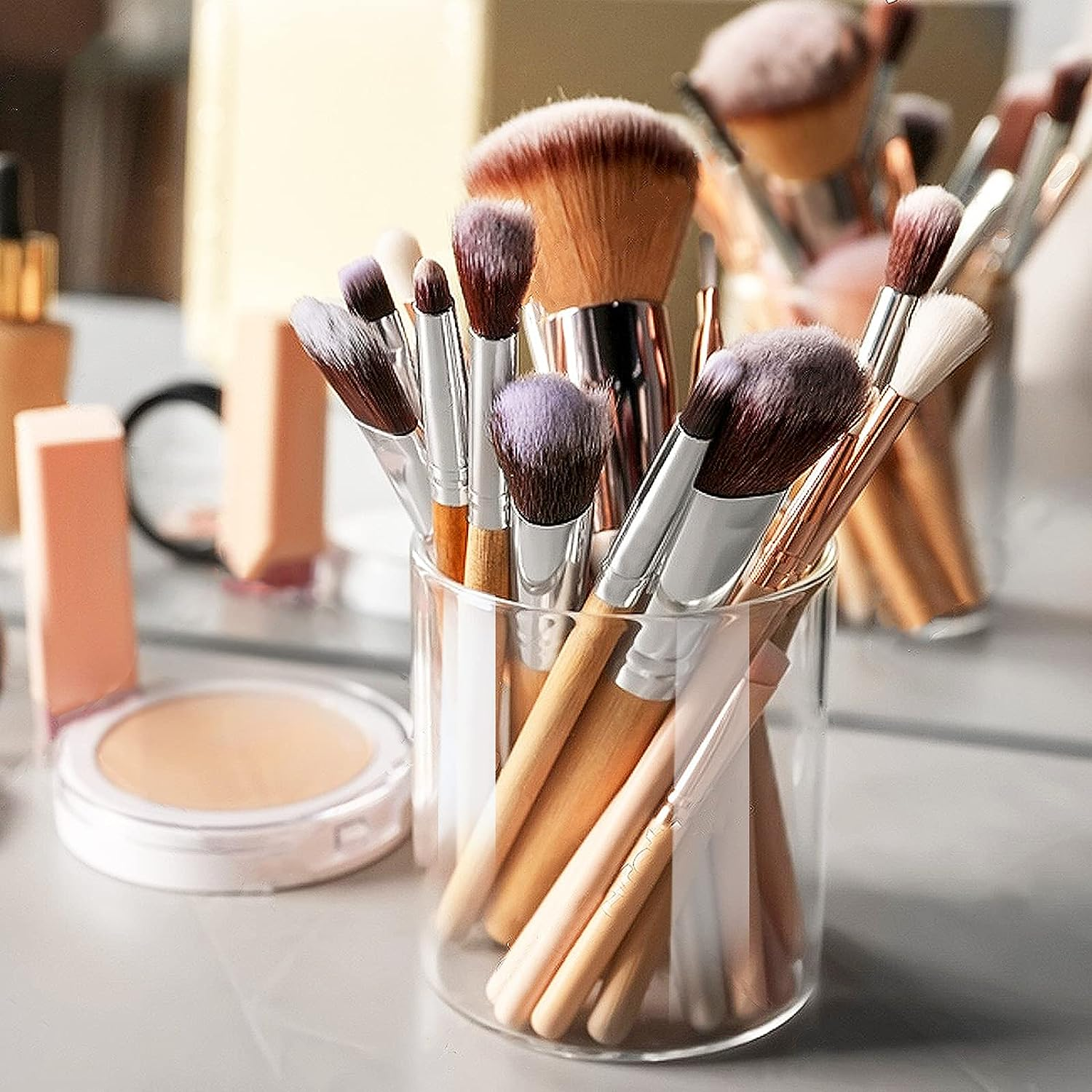 Anhow 3 Pack Qtip Holder Dispenser, Makeup Organizer with Cork Lids and Cork Pallet Cosmetic Display Cases Cotton Pad Dispenser for Cotton Ball, Cotton Swab, Cotton round Pads, Floss - Clear - Transparent image number 2