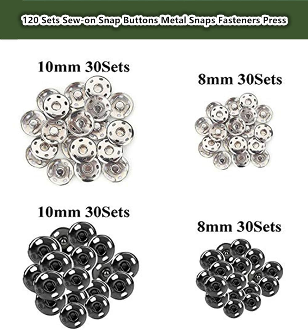 Snap Buttons,120 Sets Clothes Hidden Button, Sew-On Snap Buttons Metal Snaps Fasteners Press Studs Buttons for Clothes Sewing Craft, 8.5 Mm and 10 Mm（Black and Silver） image number 3