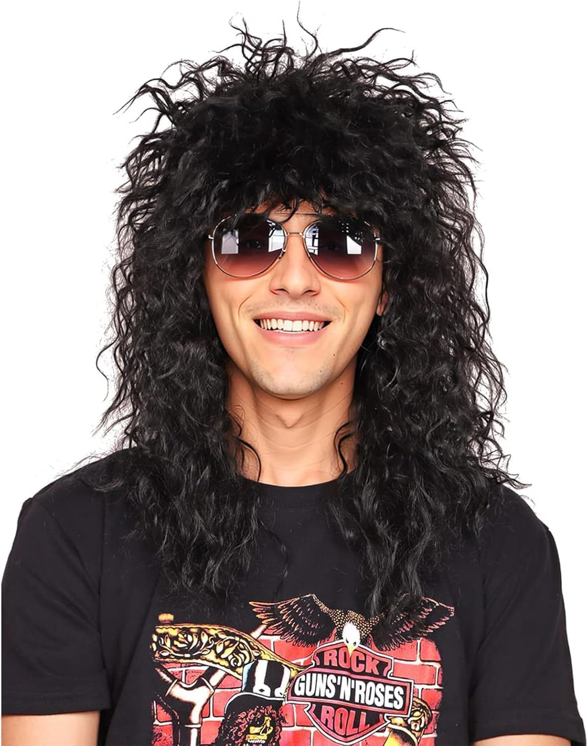 70S 80S Hair Metal Rocker Hippie Costume Accessories - Long Curly Black Synthetic Costume Wig for Halloween, Cosplay, Anime, Themed Parties (Unisex Adjustable Design)
