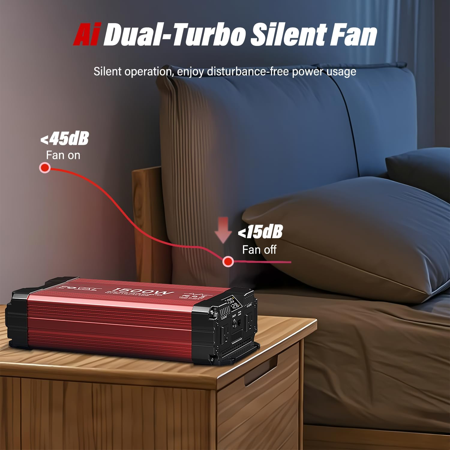 FOVAL 1500W Pure Sine Wave Inverter 12V DC to 230V AC Converter, 3000W Peak Power Inverter with LCD Display and 2 AC Outlets for Home, RV, Truck, and Off-Grid Solar System, Remote Controller image number 6