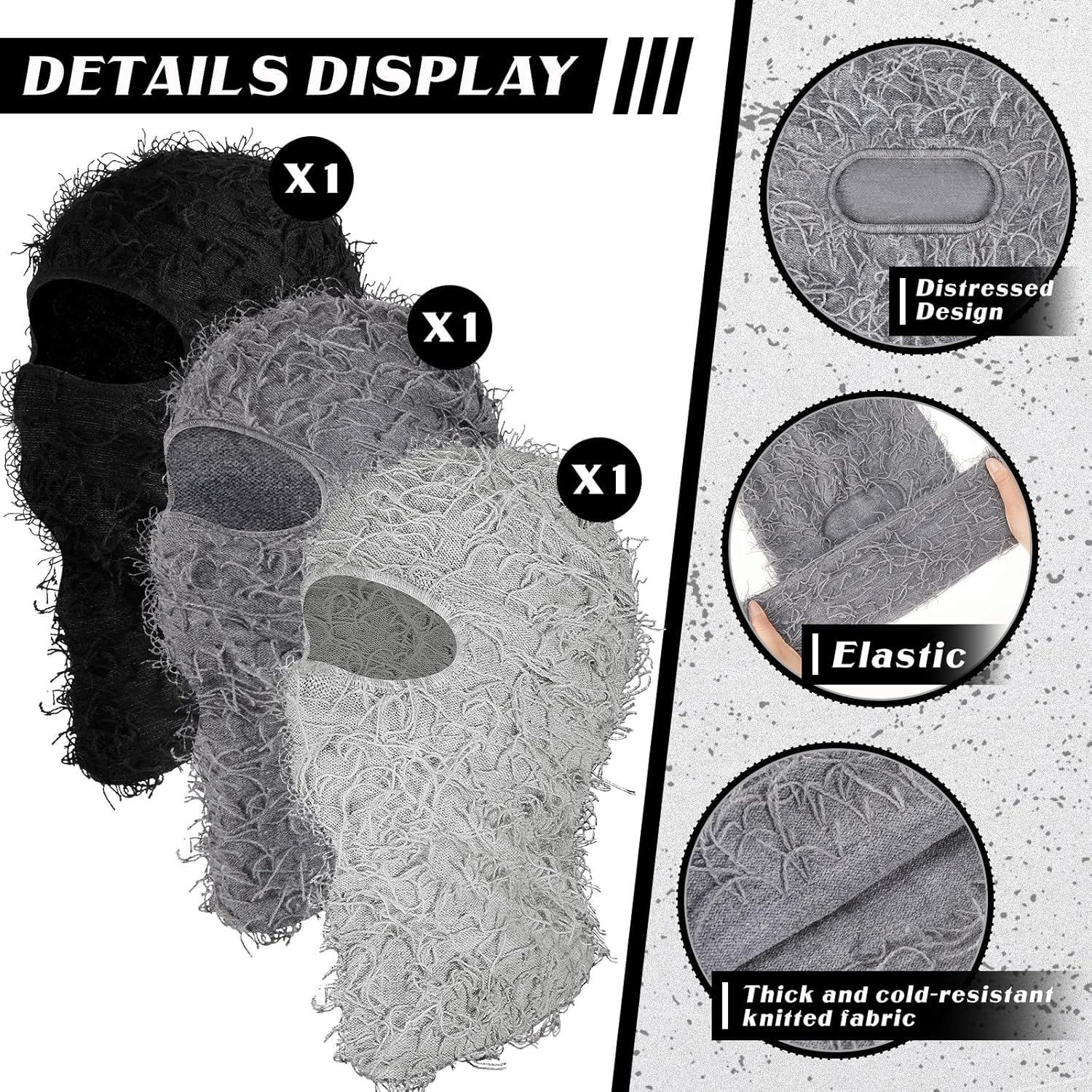 Newcotte 3 Pcs Distressed Balaclava Full Face Ski Mask Cool Knitted Balaclava Windproof Ski Mask for Men Women Cold Weather image number 2