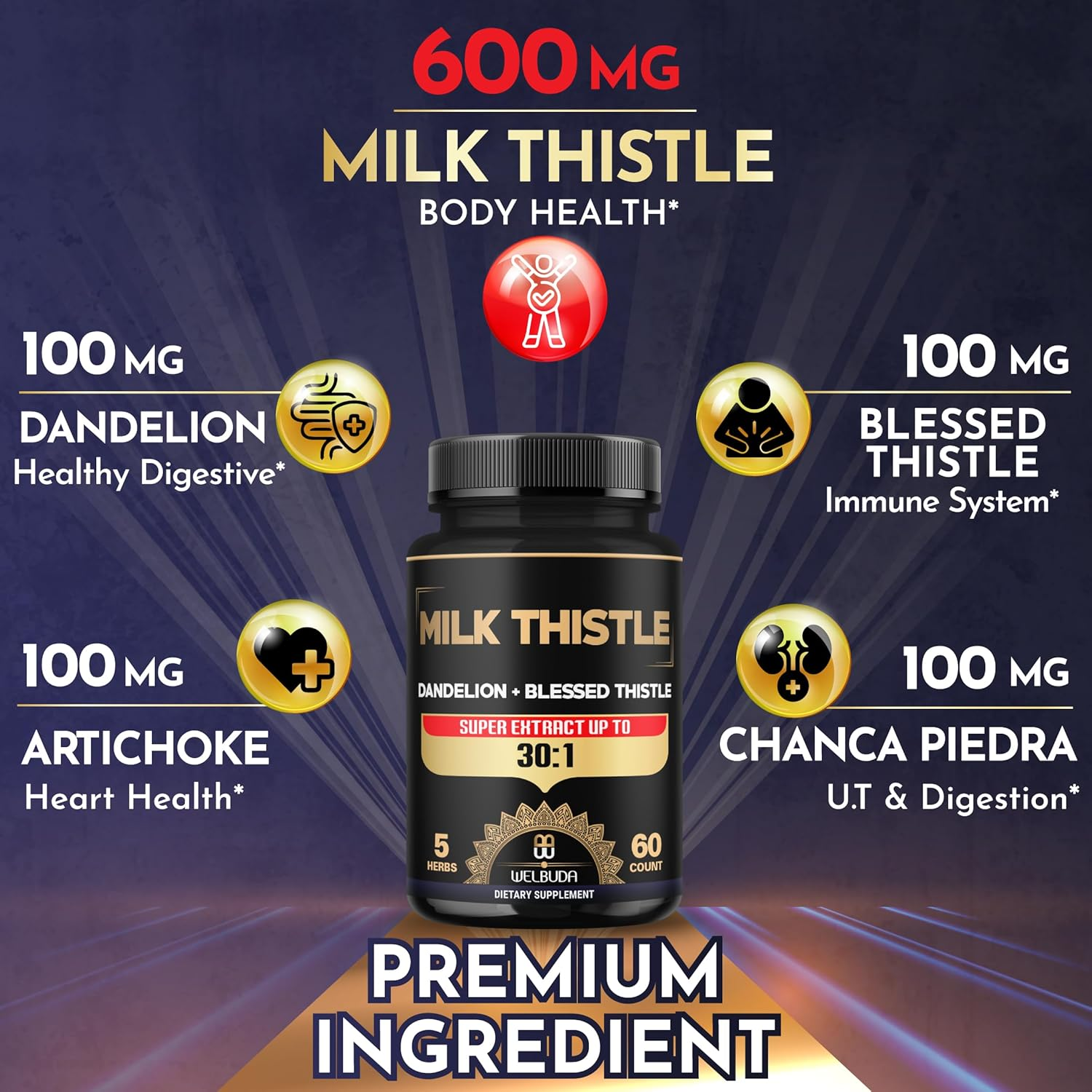 Milk Thistle Capsules - 5In1 Combined with Dandelion Root, Blessed Thistle, Artichoke, Chanca Piedra - 60 Vegan Caps image number 4