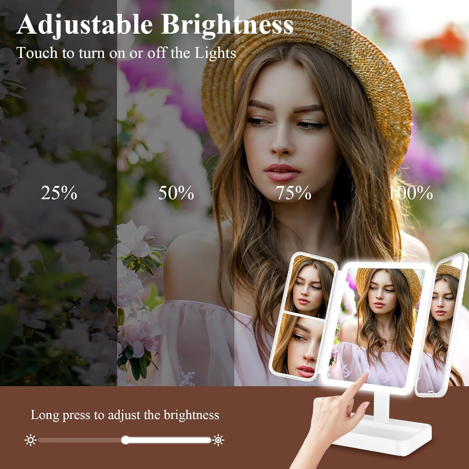 Makeup Vanity Mirror with Lights, Rechargeable Lighted Makeup Mirror with 2X 3X Magnification, Portable Led Leather Pattern Advanced Makeup Mirror with 3 Colors Lights, for Women Girls (White) image number 5