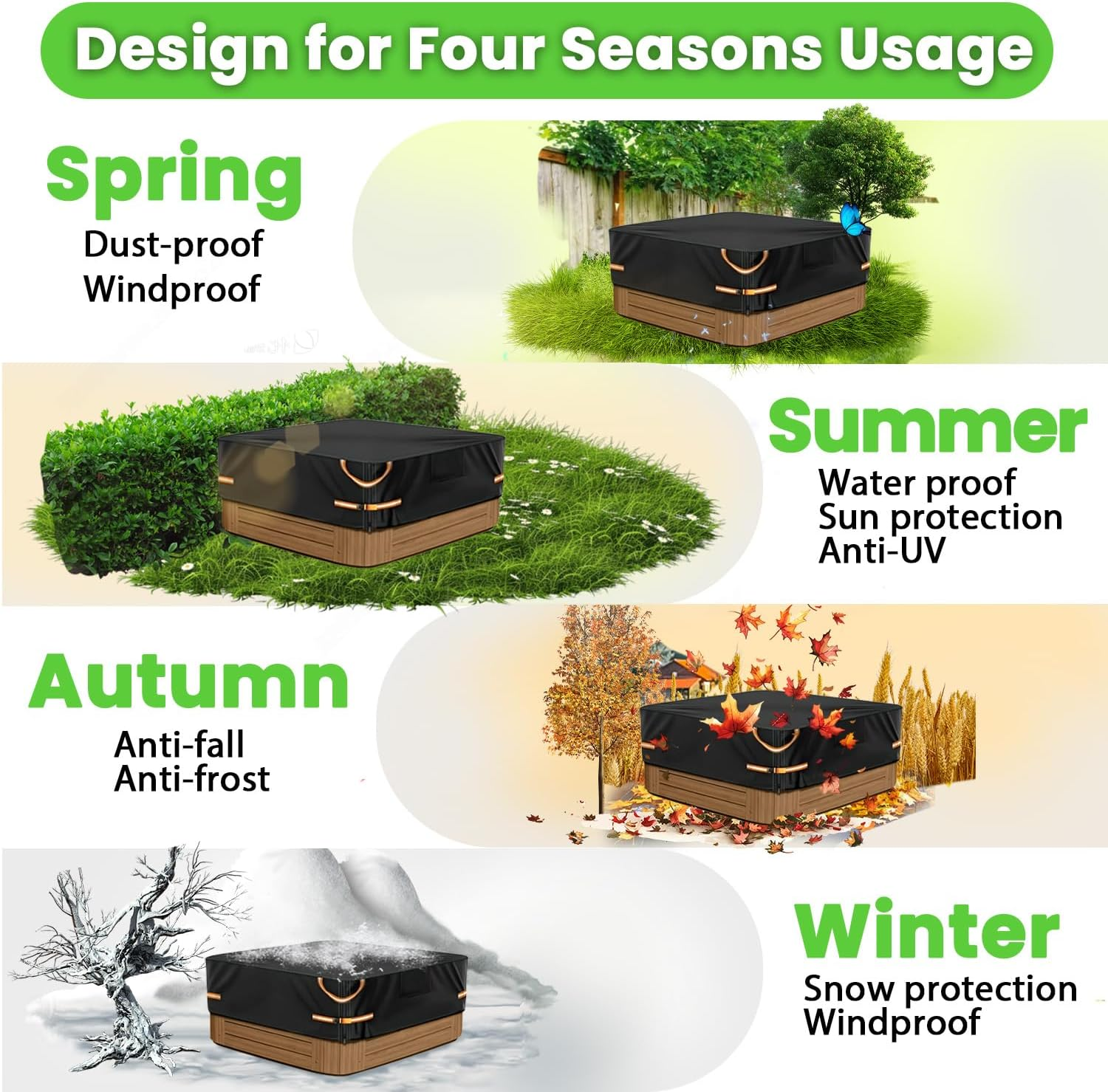 Hot Tub Cover Protector 600D Oxford Waterproof &ndash; Outdoor Square Spa Covers for Patio, Garden & Backyard, UV Resistant Dustproof Hot Tub Covers Replacement, Fits 220&times;220&times;30Cm image number 3