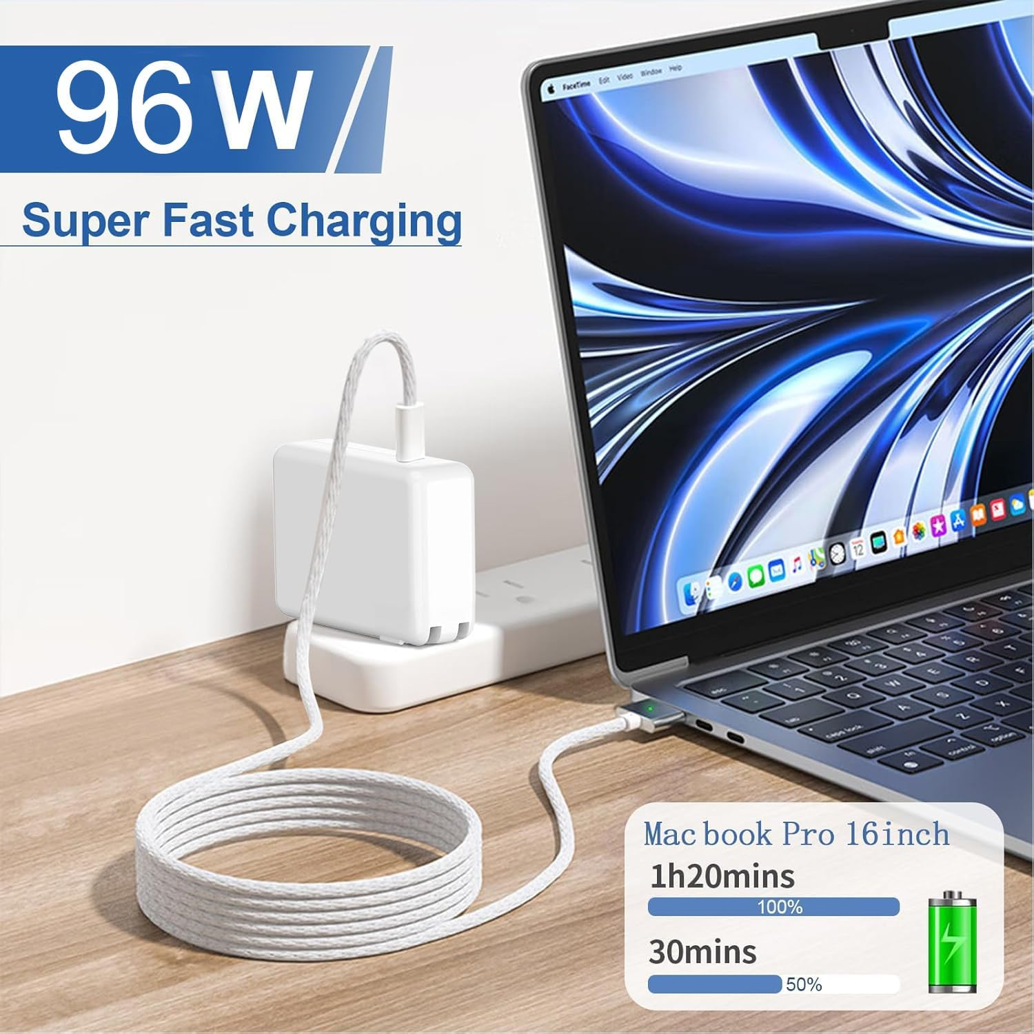 Laptop Charger for Macbook Pro 14 16 Inch 2023 2022 2021 M3 M2 M1, 2022 2023 2024 Macbook Air 13 14 15 Inch, 96W USB-C to Mag 3 Power Adapter, Powerful Connect, Original Quality image number 4