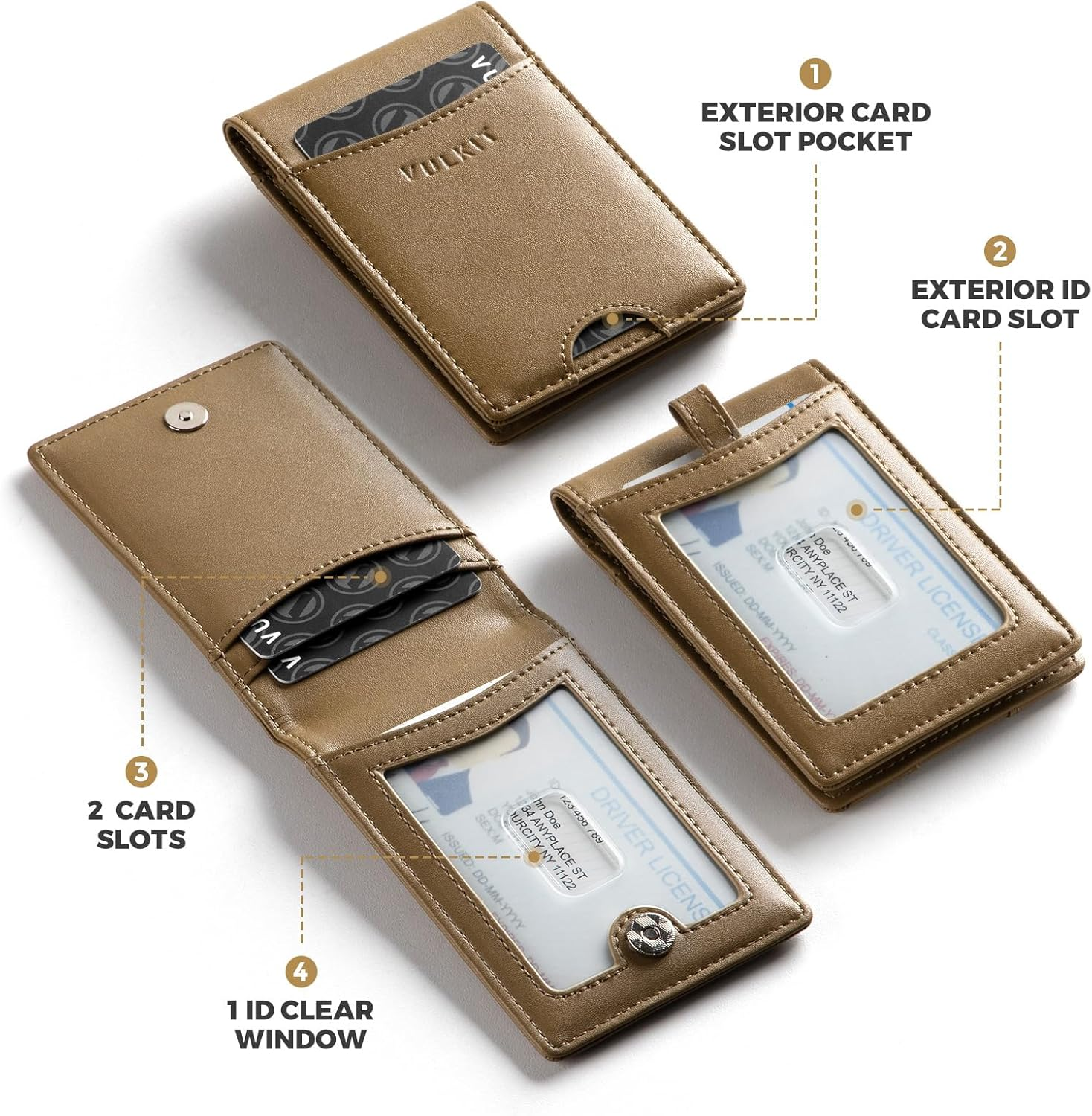 VULKIT Badge Holder Retractable Clip, Leather Bifold Double ID Card Holder, Retractable Keychain Carabiner, Holds 5 Cards, Keys Khaki - Khaki image number 4