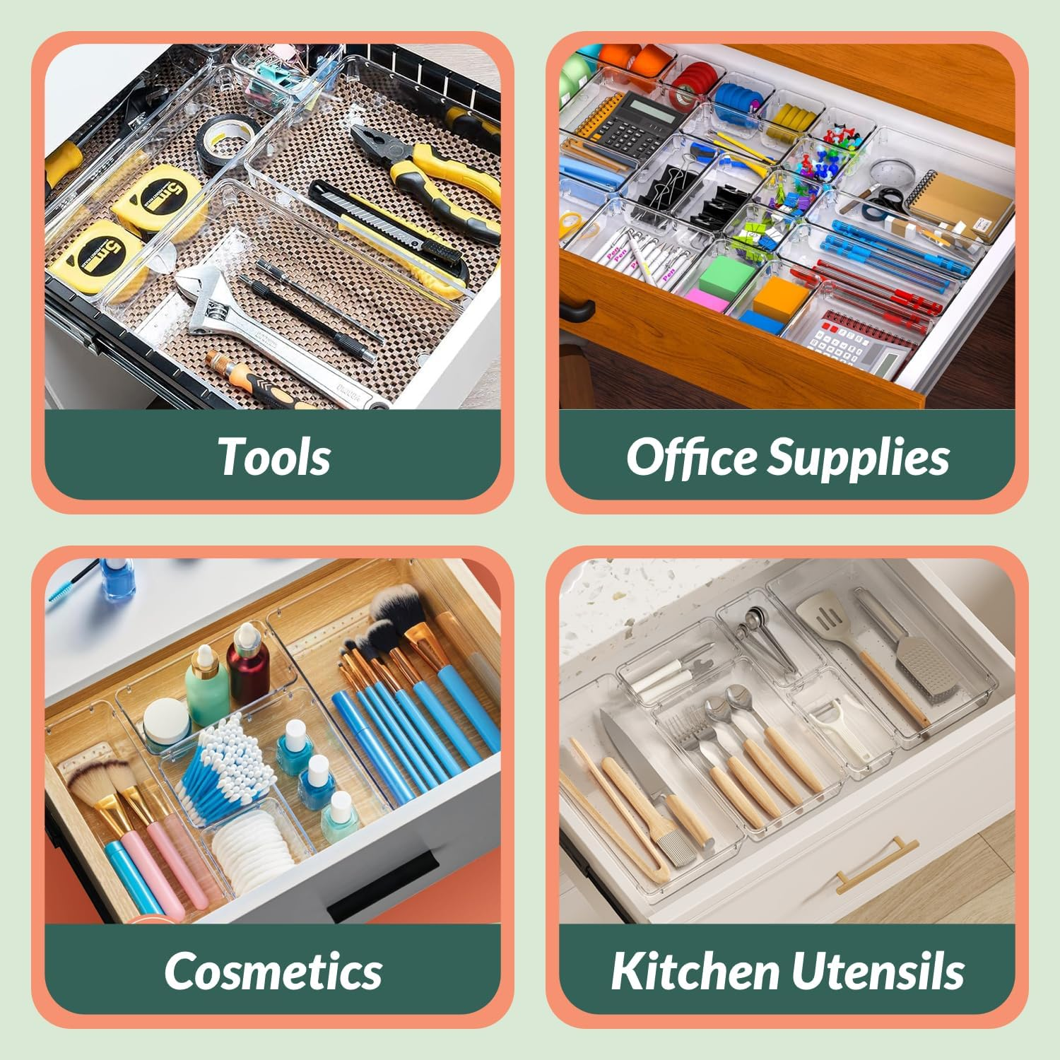 Hormes 28Pcs Drawer Organisers Set, 4 Sizes Clear Plastic Drawer Organizer & Vanity Organiser for Makeup & Jewelry Storage, Kitchen Utensils & Gadgets, Desk Supplies, Bathroom & Bedroom Organisation image number 5