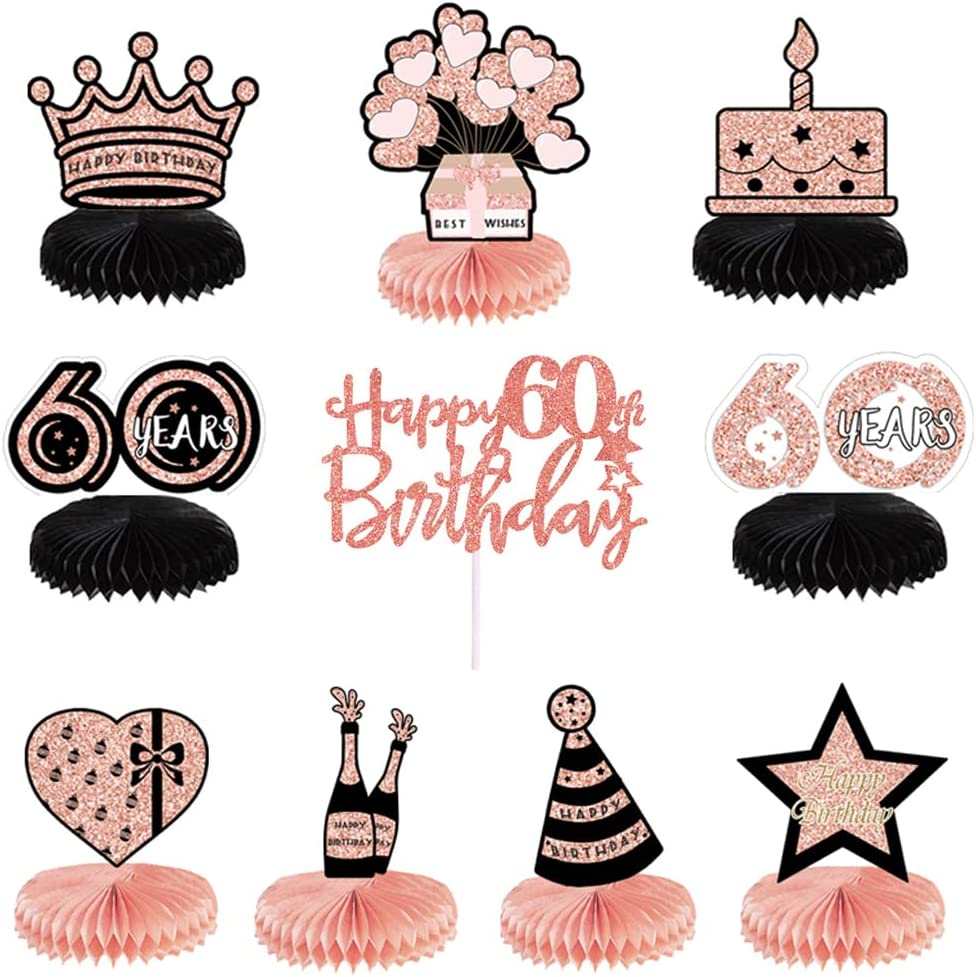 10 Pcs Happy 60Th Birthday Party Centerpieces Party Packs Honeycomb Table Decorations with Rose Gold Cake Topper for 60Th Birthday Decorations image number 3