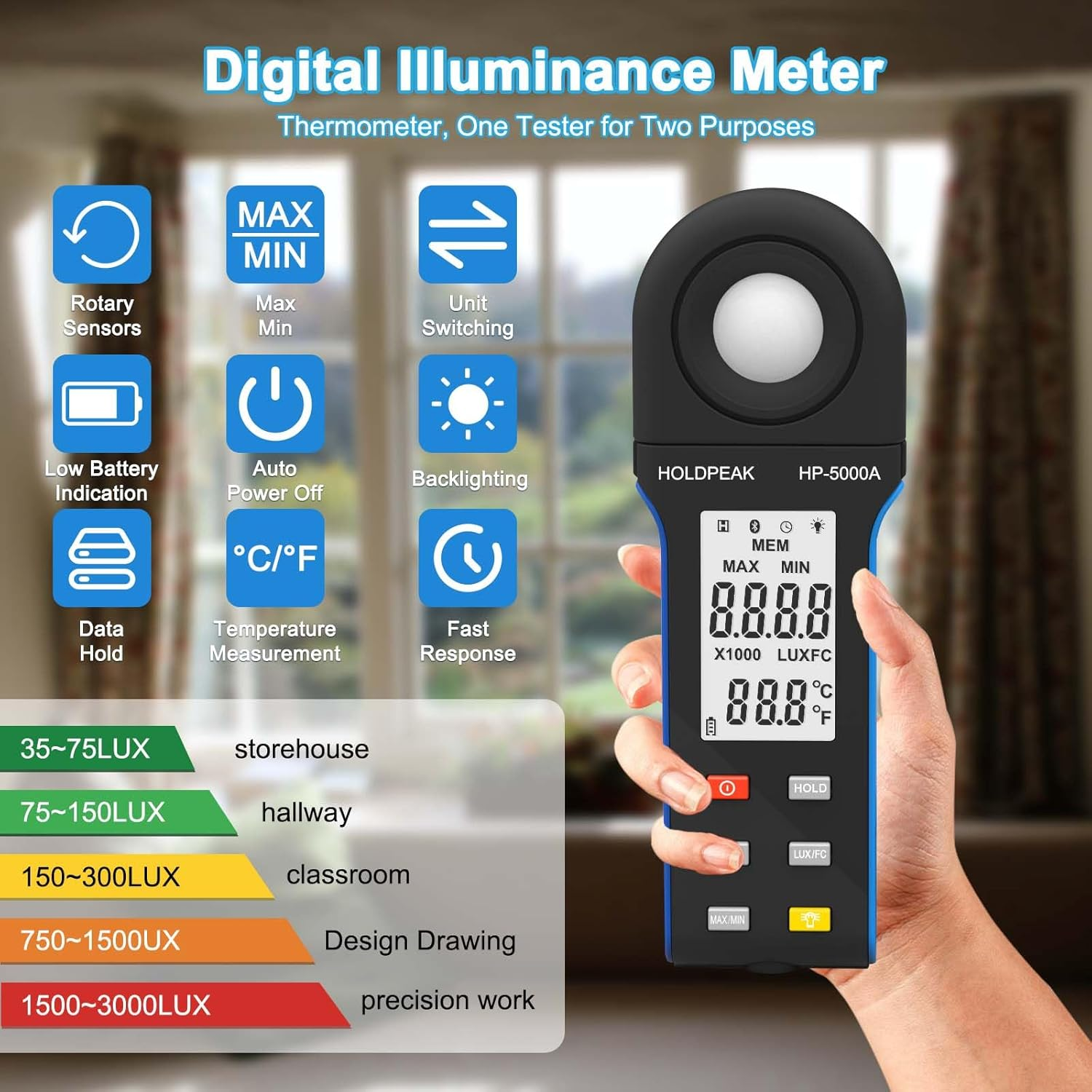 Digital Light Meter, 1-400000Lux Illuminance Meter with Large LCD Screen Handheld Ambient Temperature Measurer, Lumen Meter for Plants, Photography Lab, Classroom, Bedroom, 5000A, HOLDPEAK image number 5