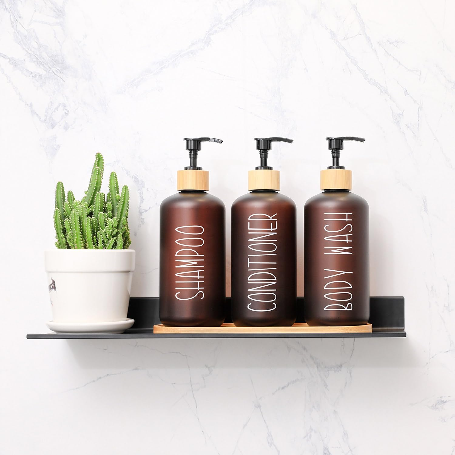 MOMEEMO Amber Shower Dispenser Set, Contains 3 Extra-Thick PET Plastic Bottles with Bamboo Pumps, Shampoo and Conditioner Dispenser for Shower Perfect for Modern Bathroom Decor. (Amber) image number 6