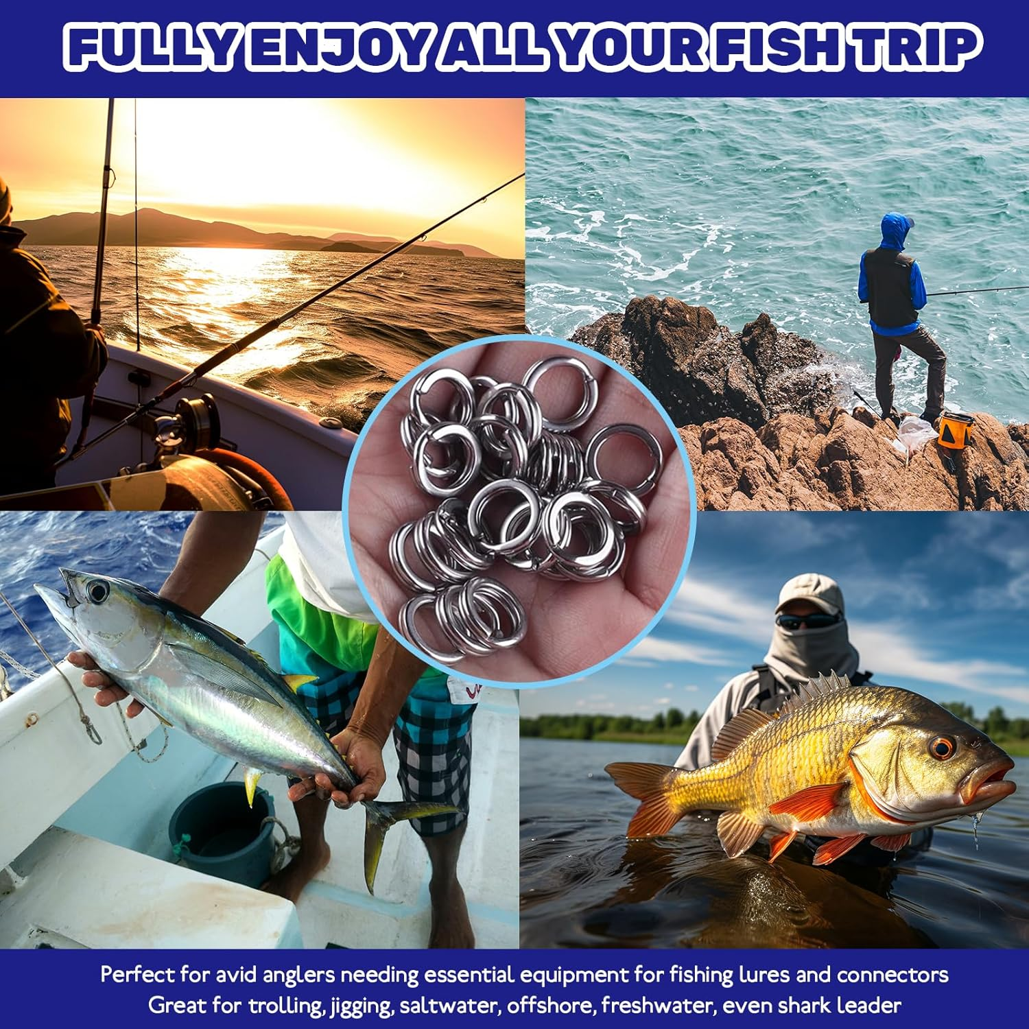 Waltool 5 Sizes Fishing Split Rings Assortment Kit Stainless Steel Double Flat Lure Tackle Connector 30Lb to 120Lb Test for Trolling Jigging Offshore image number 1