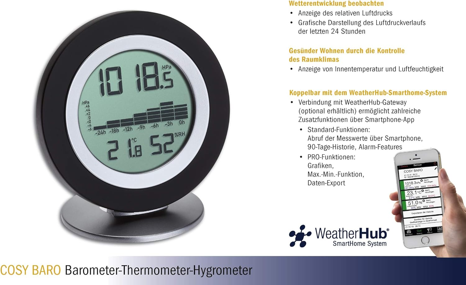 TFA Dostmann Weatherhub Cosy BARO Digital Barometer Thermometer Hygrometer Weather Station with Graphic Overview, Black, L120 X W55 X H150 Mm image number 1