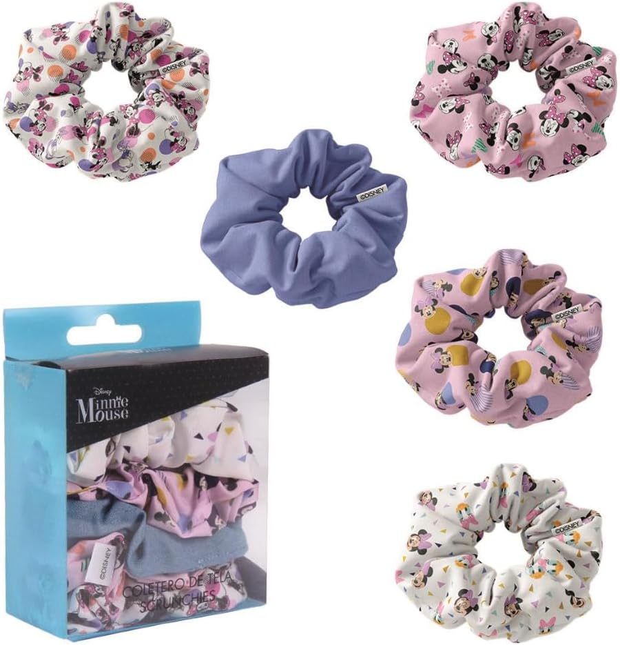 Scrunchies Disney Minnie Princesses Frozen II Lilo & Stitch 101 Elevator Aristocats Canvas Hair Bobbles Braids Pack of 3, Multicoloured (Minnie (5 Pieces, Pink))