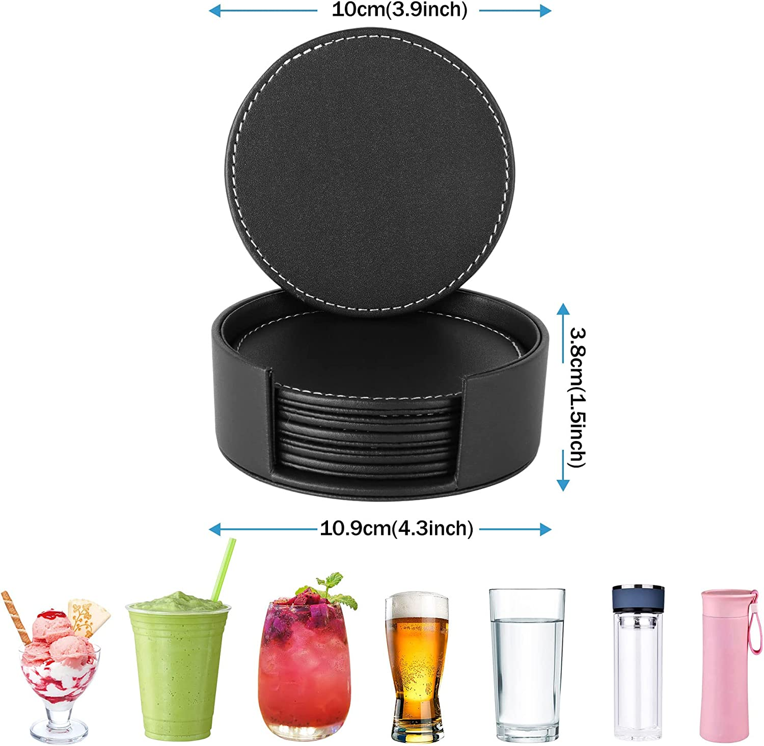 CARLWAY Set of 6 Leather Drink Coasters round Cup Mat Pad for Home and Kitchen Use Black, 3.94", 10Cm, image number 1