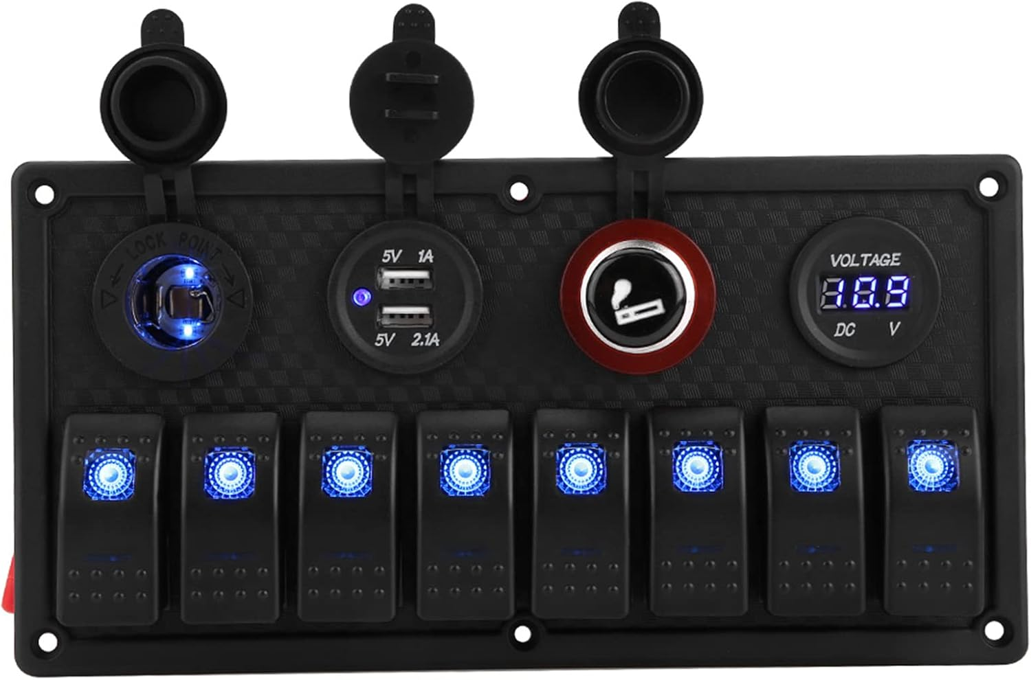8 Gang Car Rocker Switch Panel with Blue LED Light Indicator, USB, Voltmeter for Boat, Ship, Car, 12V-24V Vehicles image number 2