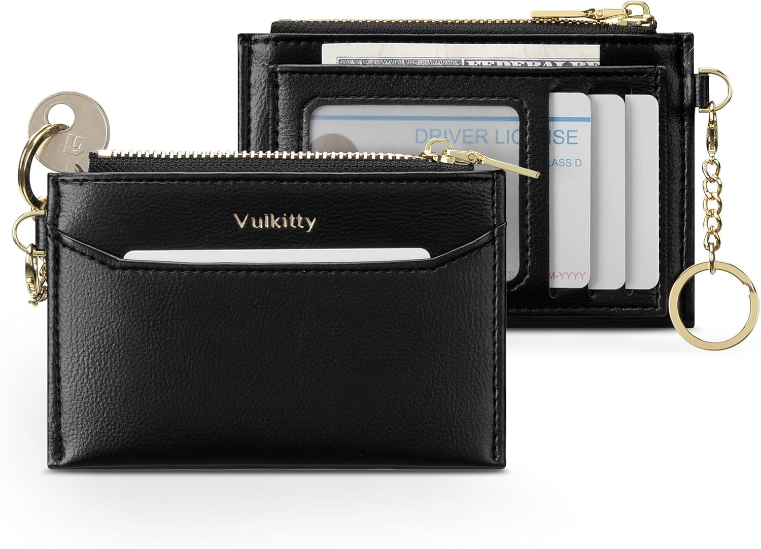 Vulkitty Slim Card Holder for Womem with Keychain and ID Window, Minimalist Wallet RFID Protected for Cards, Bills, Keys and Coins, Blue