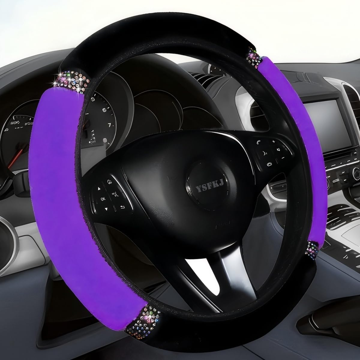 Car Steering Wheel Cover, 15 Inch Colorful Rhinestones Fluffy Steering Wheel Cover for Most Cars, Sparkly Crystal Diamond Steering Wheel Protector for Women Girls,Purple
