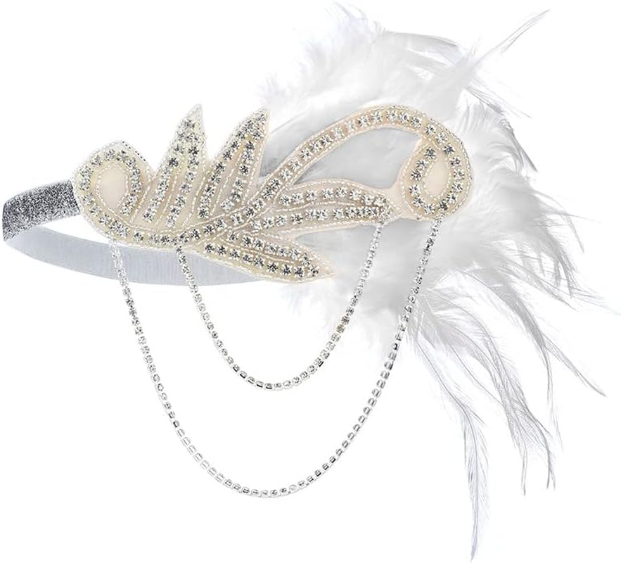 Aoozleny 1920S Feather Headwear, Musical Note Diamond Chain Headpiece, Roaring 20S Great Gatsby Headpiece Hair Accessories for Women (White)