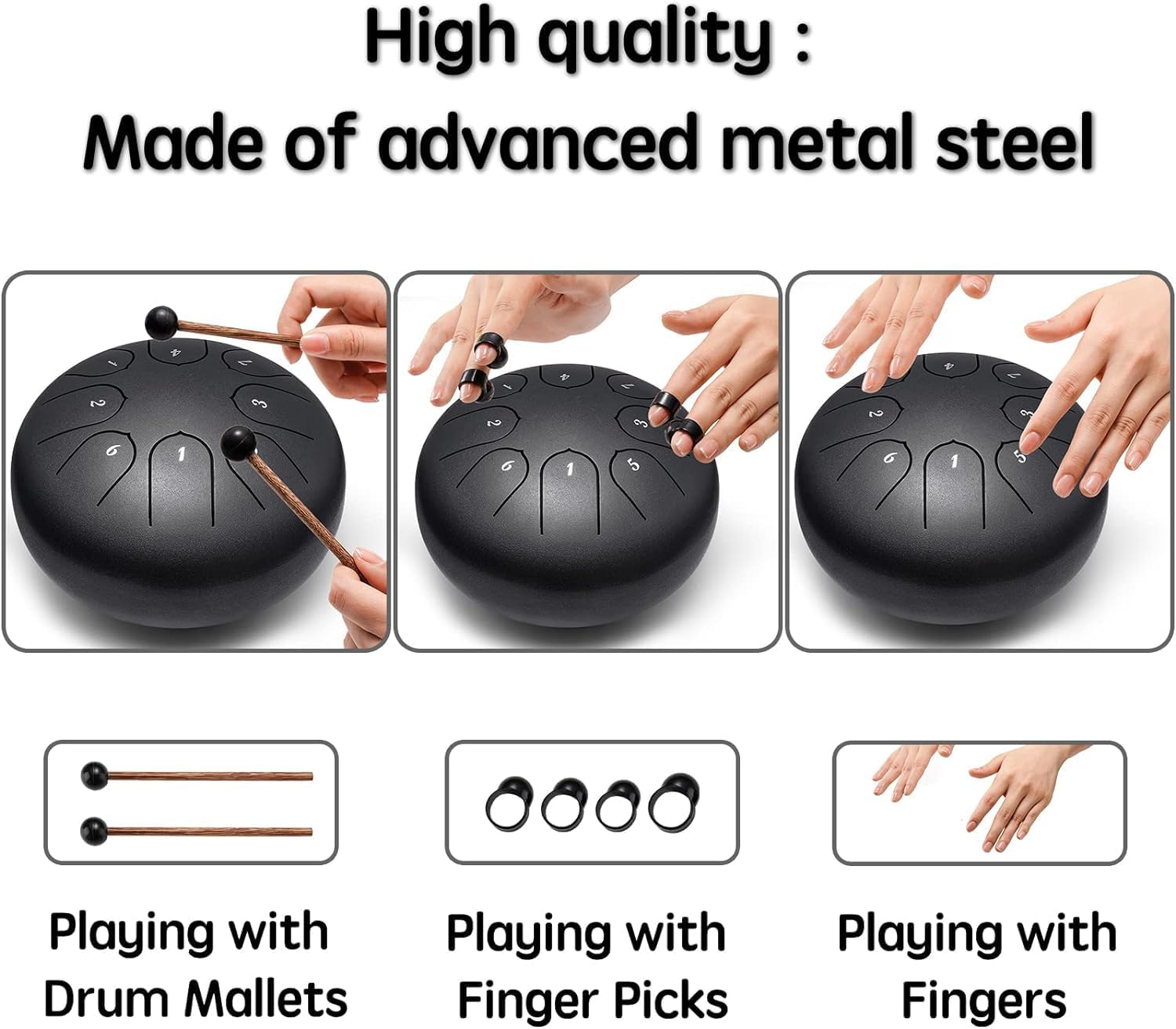 Steel Tongue Drum 6 Inch 8 Notes Hand Drums with Bag Sticks Music Book, Sound Healing Instruments for Musical Education Entertainment Meditation Yoga Chakra - Black image number 3