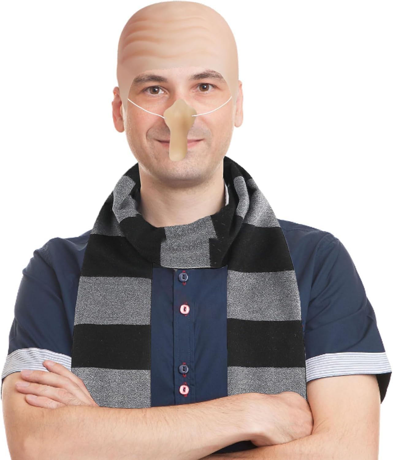 4 Pcs Halloween Costume Accessories for Adult,Black Gray Striped Scarf/Fake Nose/Bald Cap for Men Cosplay Set