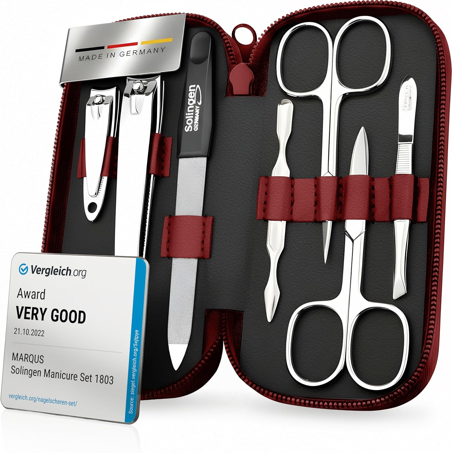 Manicure Set Solingen Made in Germany - 7 Piece Exclusive Finger & Toe Nail Clippers Kit for Women and Men in Real Leather Case, Color Black