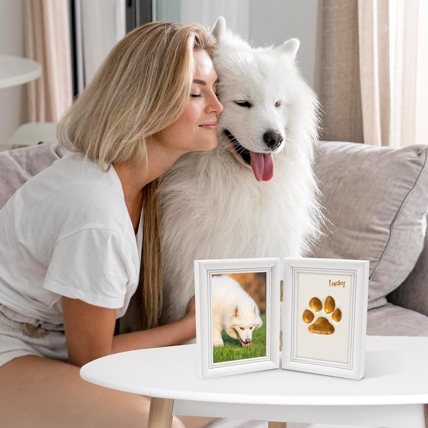 Avont Paw Print Kit with Picture Frame and Imprint Clay, Pawprints Impression Keepsake for Dogs Cats, Memorial Desk Display for Pets -White image number 1