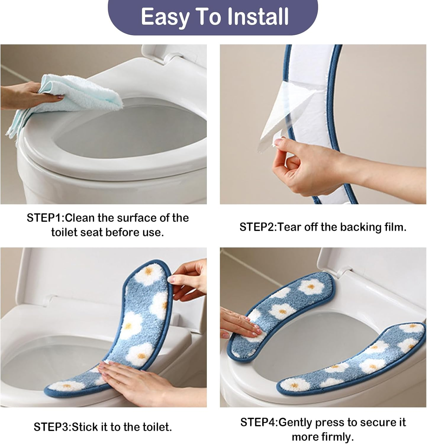 Thick and Warm Toilet Seat Cover &ndash; Washable, Reusable Cushion with TPR Adhesive & Floral Pattern for Comfort & Insulation (Blue) image number 1