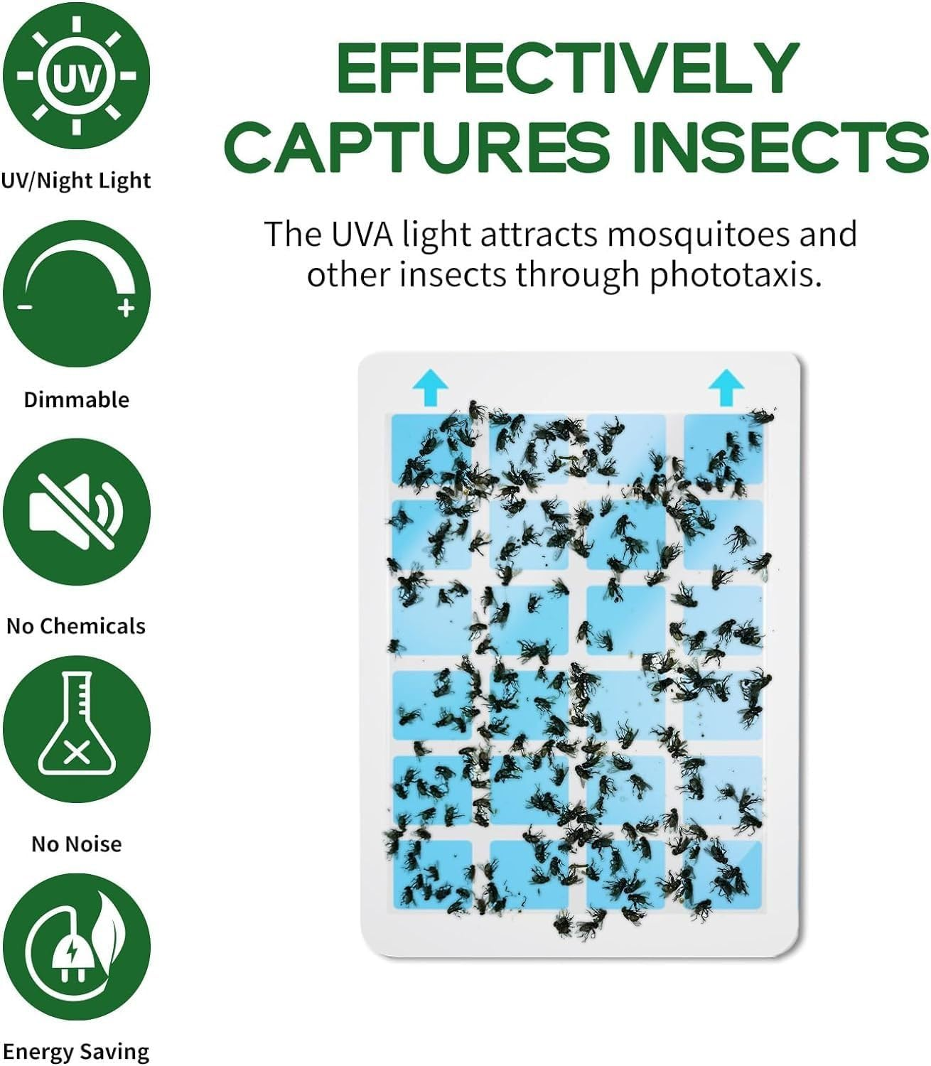 IGGDOQI Flying Insect Trap, 2 in 1 Plug-In Mosquito Killer with Warm Night Light UV Attractant Catcher, for Flies, Fruit Flies, Gnats & Other Flying Insects, 1 Device + 5 Sticky Trap Boards (1Pcs) image number 2