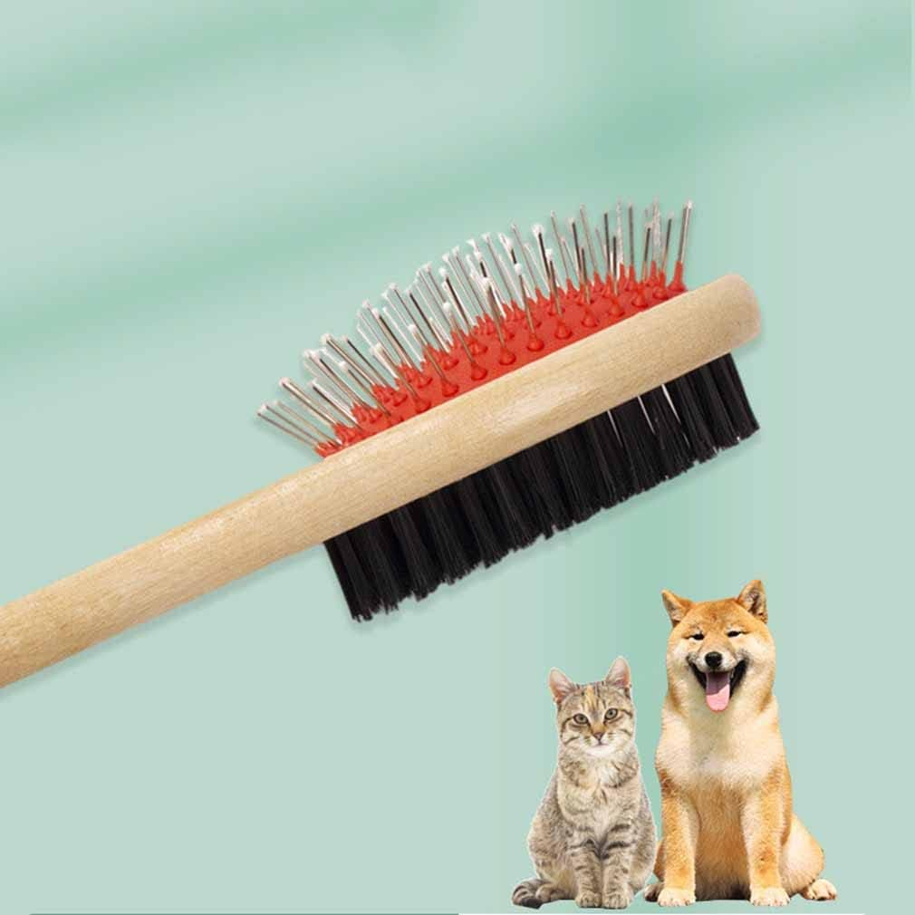 Wooden Double Sided Dog Brush - Pet Hair Grooming Tool with Pin and Soft Bristles for Dogs & Cats with Long or Short Hair - Red image number 5