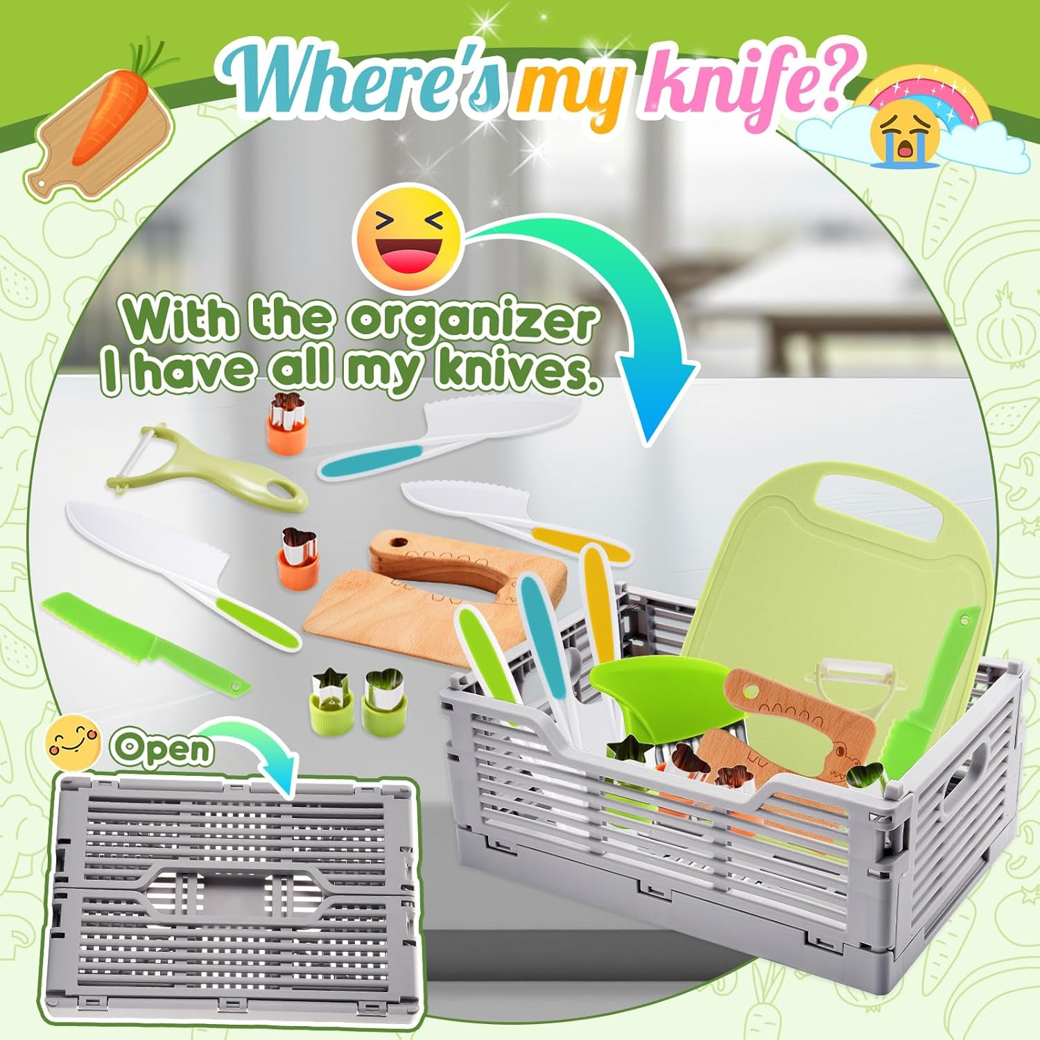 Kids Knife Set for Kids, Vingtank Real Cooking Toys for 3 4 5 6 7 Year Old Girl Boy Gifts Montessori Kitchen Tools for Toddlers Girls Toys Age 3-5 4-6 Cutting Board Safe Knives Birthday Gift Green image number 6