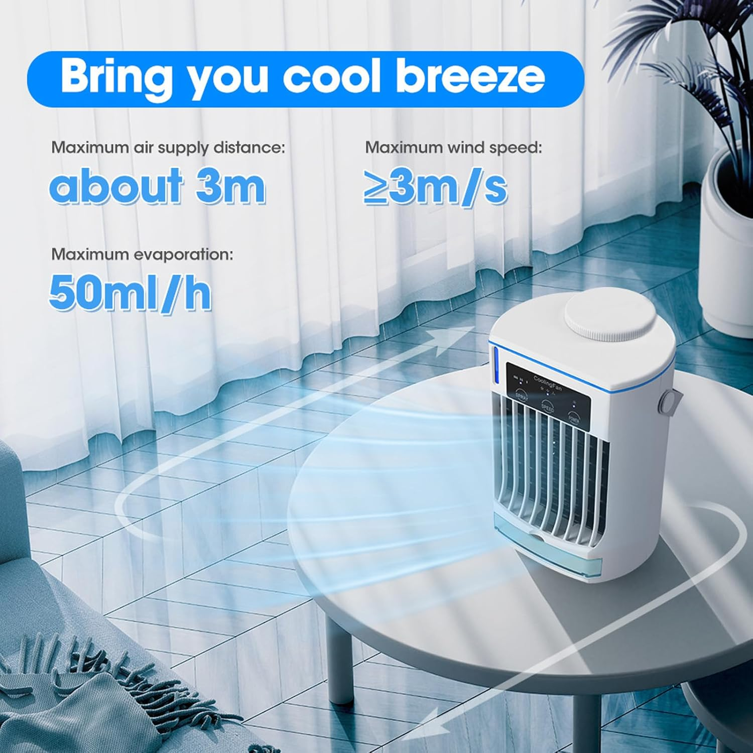 Bewinner Spray Desktop Portable Conditioner Fan with 500Ml Water Tank, Small Air Cooler Humidifier Fan 3 Speeds, USB Cooling Air Mini Conditioner for Room Office Camping (White) image number 3