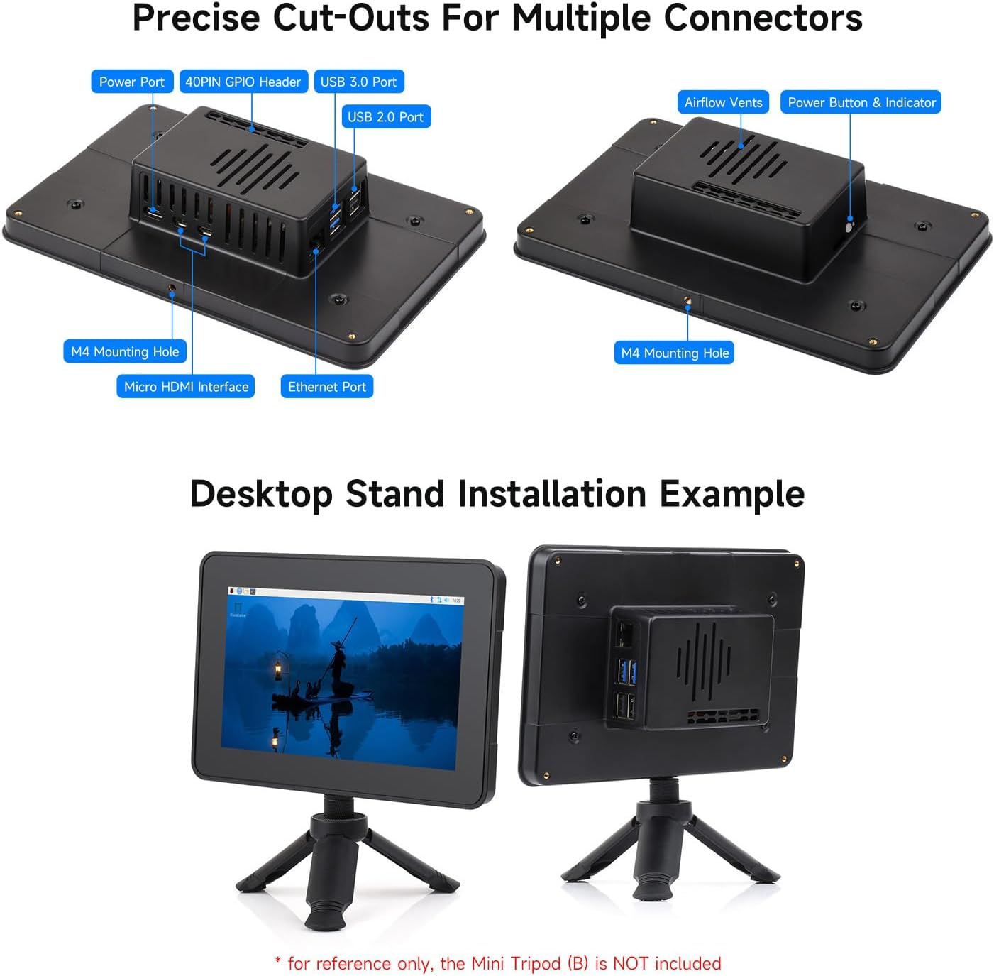 Waveshare Protective Case, Compatible with Rpi 7Inch Touch Display 2 and Raspberry Pi 5,Compatible with Multiple 7-Inch Screens, Supports Installing Raspberry-Pi Hats, Reserved Rich Interfaces，Black image number 6