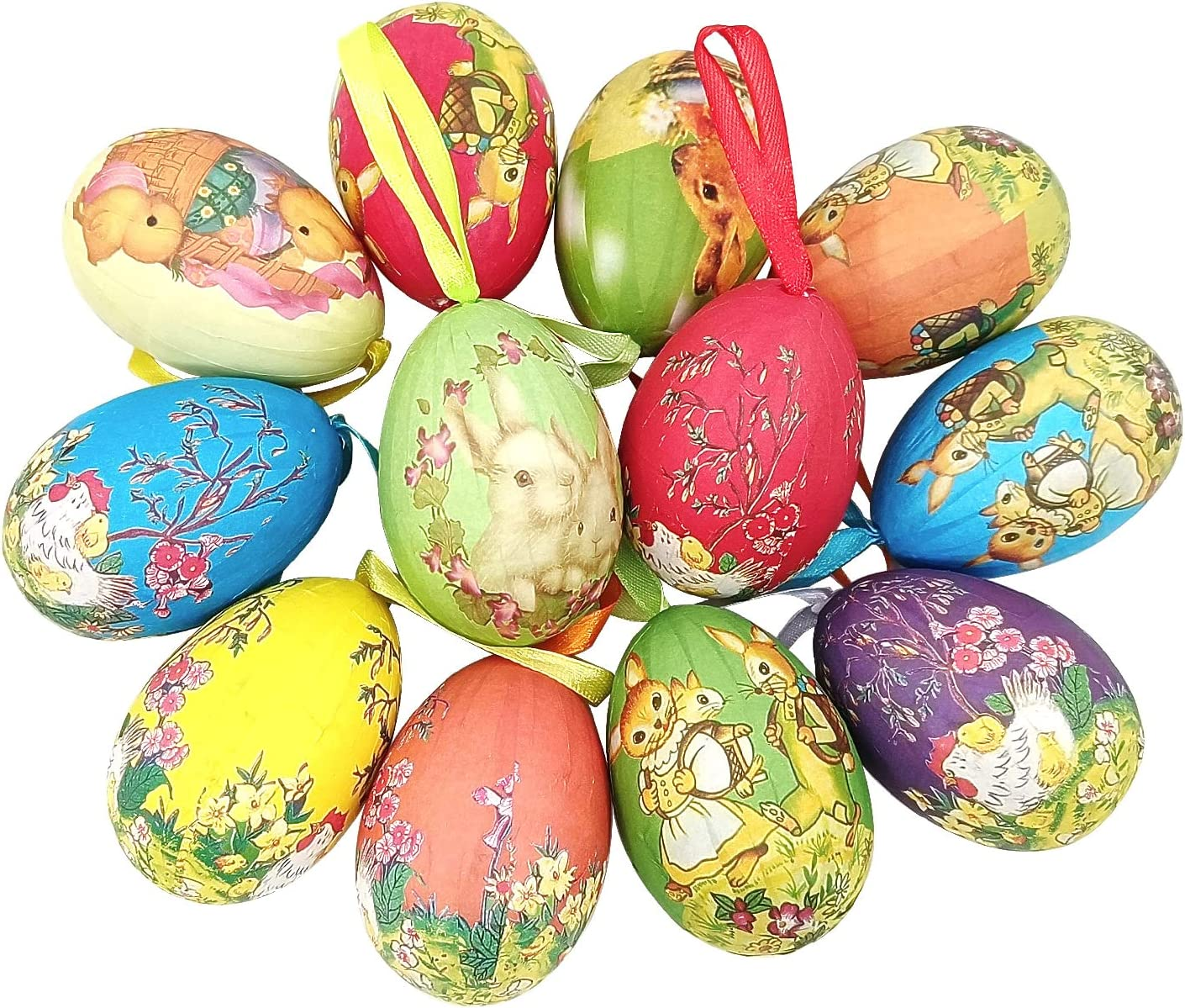Gardeningwill 12Pcs New Vintage Style Paper Mache Egg Hanging Ornaments Easter Decoration image number 5