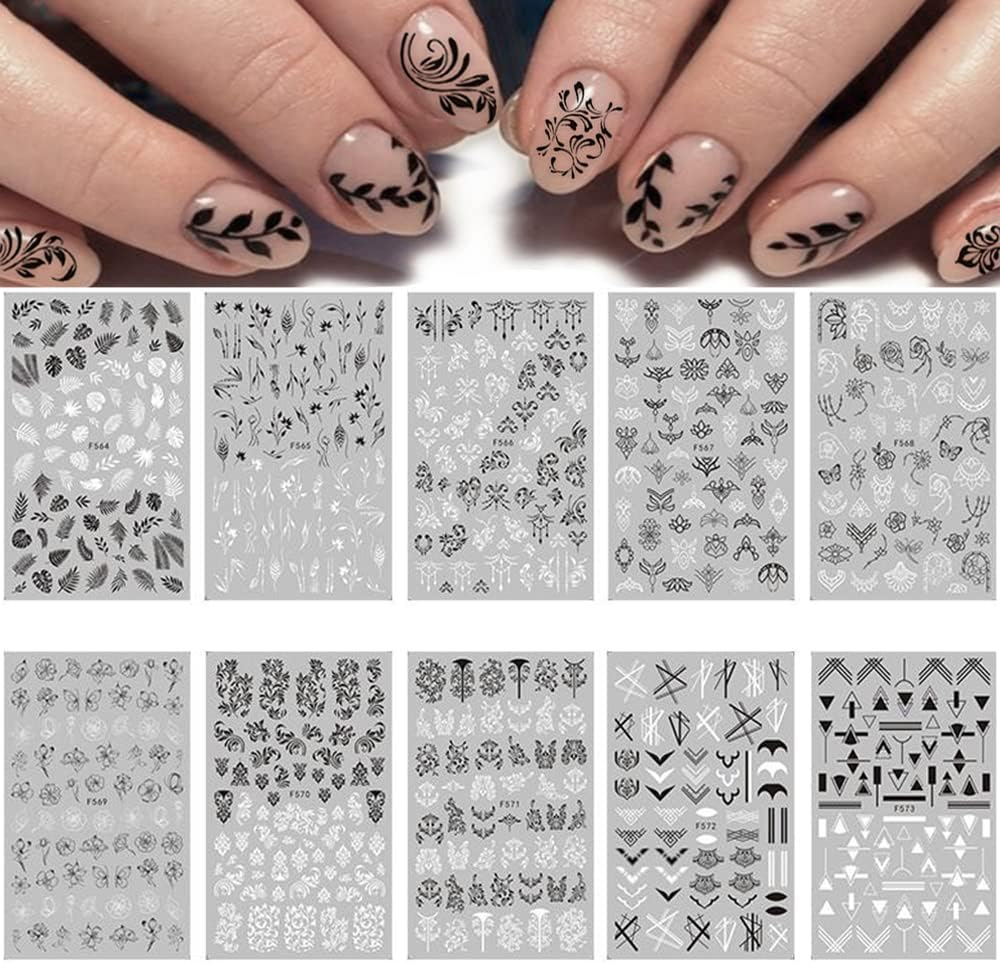 8 Sheets Black White Leaves Flowers Nail Stickers Decals,3D Self- Adhesive Retro Flower Vintage Vine Rose Flower Butterflies Nail Design Classic Fashion Simple Self Adhesive Sticker for Women Girls Nails Art DIY Decoration with 1 Pcs Anti-Static Tweezers image number 1