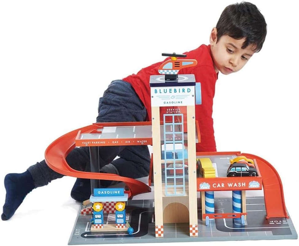 Tender Leaf Toys - Blue Bird Service Station - Classic Wooden Garage and Service Station for Cars and Helicopter with Ramps, Petrol Pumps and Car Wash Center - Imaginary and Roleplay for Children 3+ image number 4